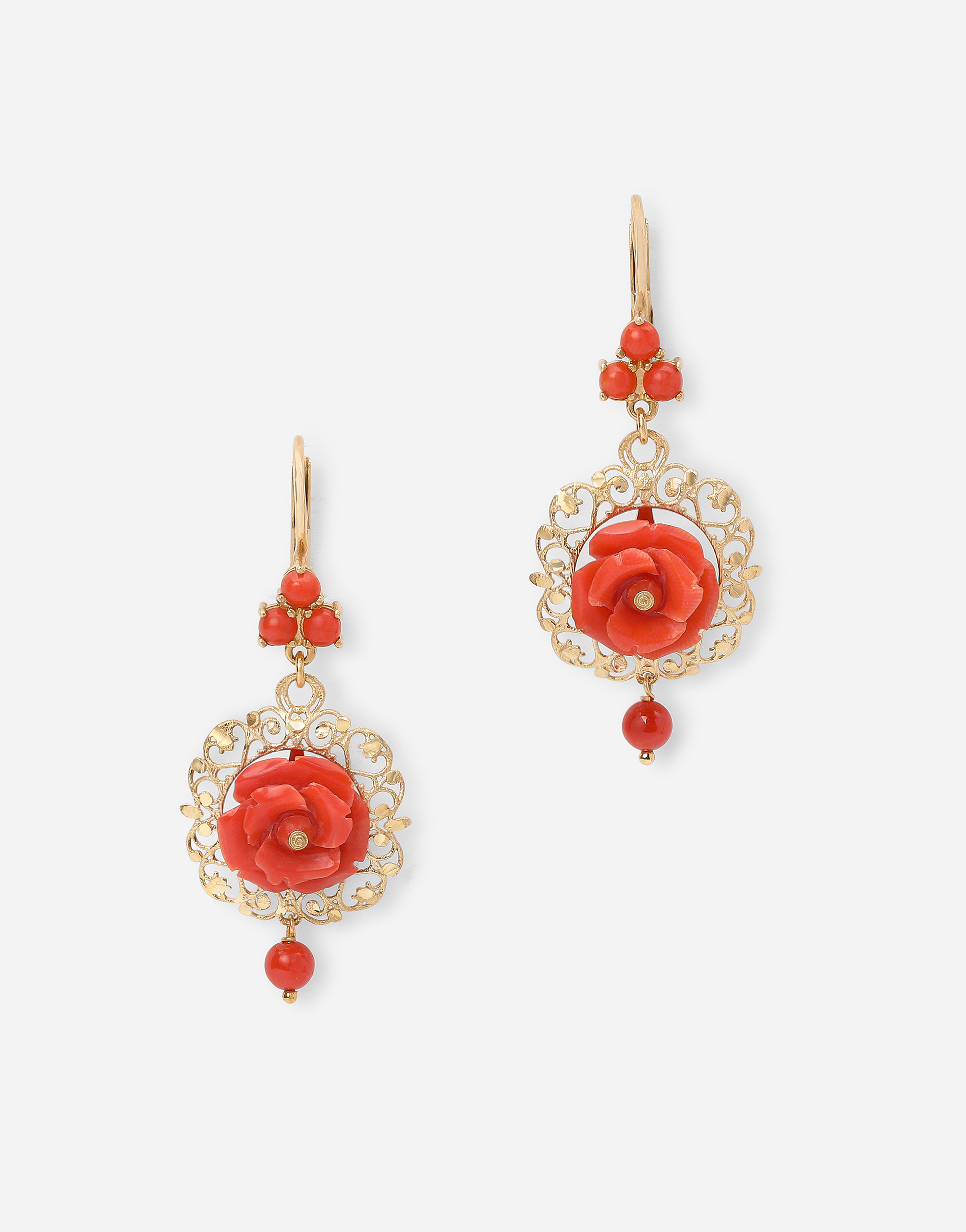 Coral leverback earrings in yellow 18kt gold with coral roses in Gold