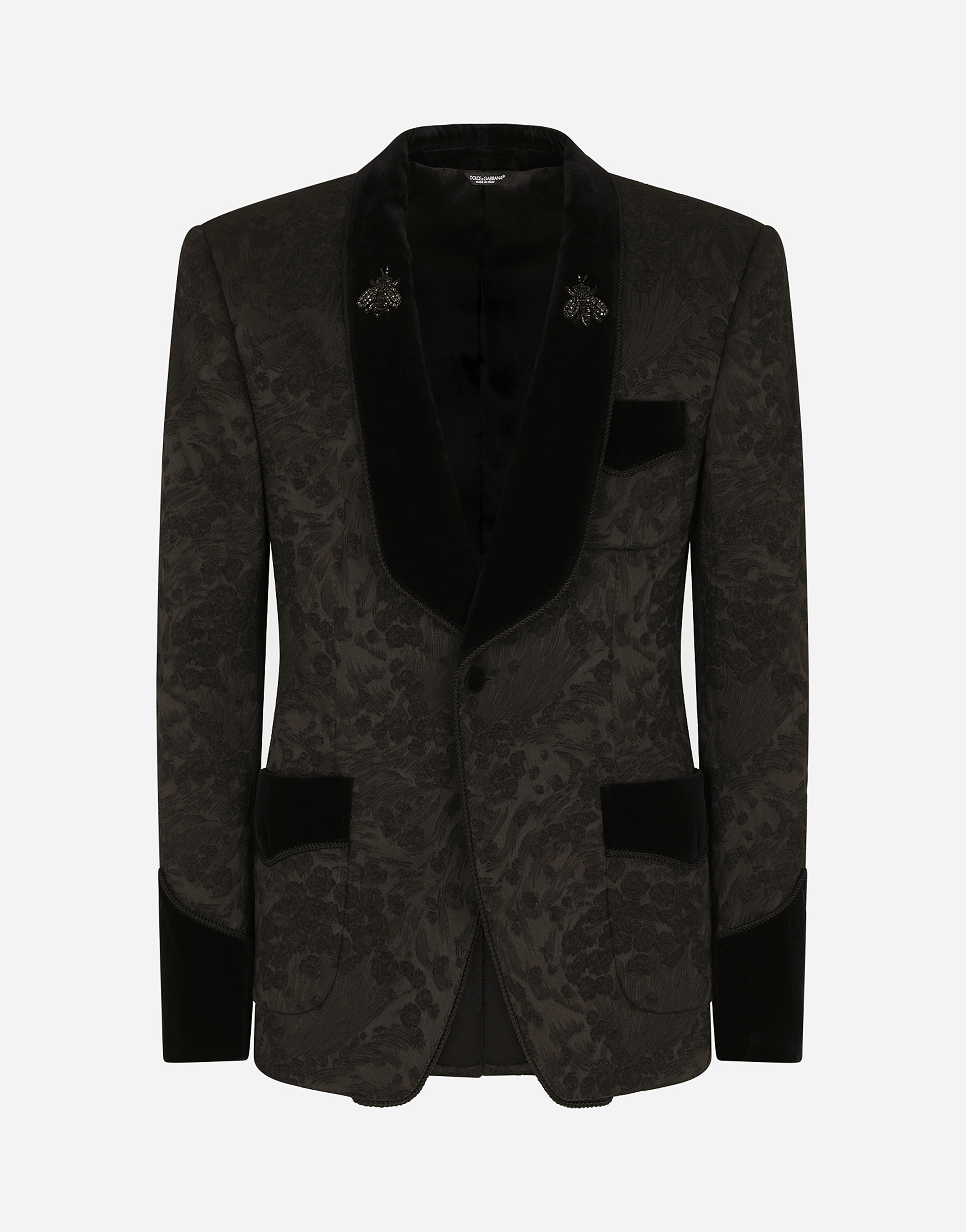 Stretch jacquard casinò-fit tuxedo jacket with patch in Black