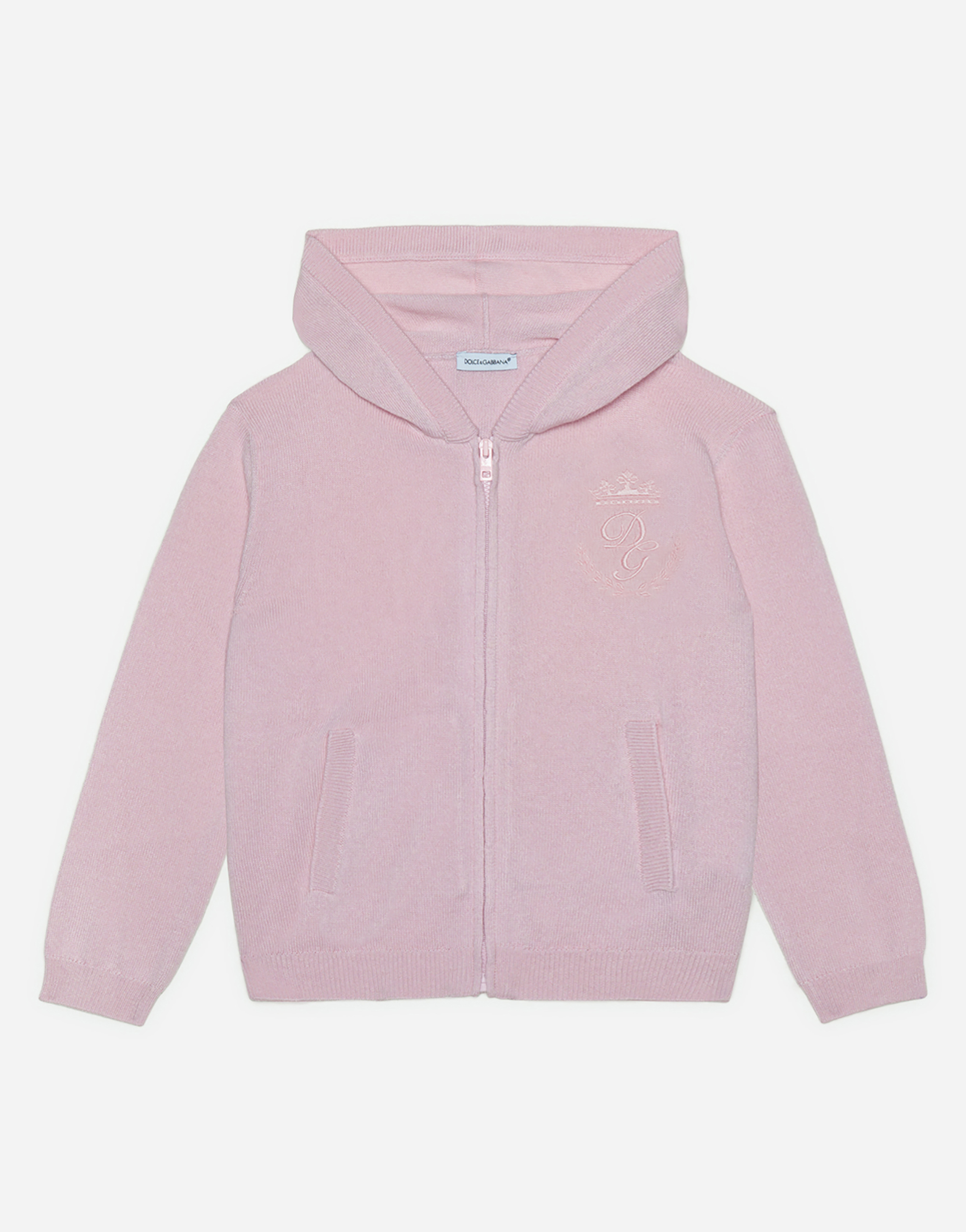 Hooded cashmere sweater with heritage embroidery in Pink