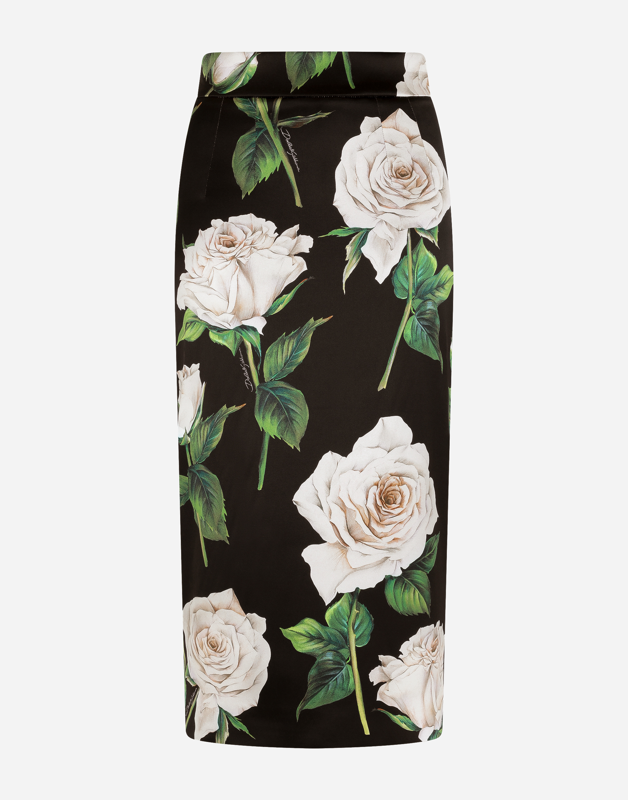 Satin pencil skirt with white rose print in Multicolor