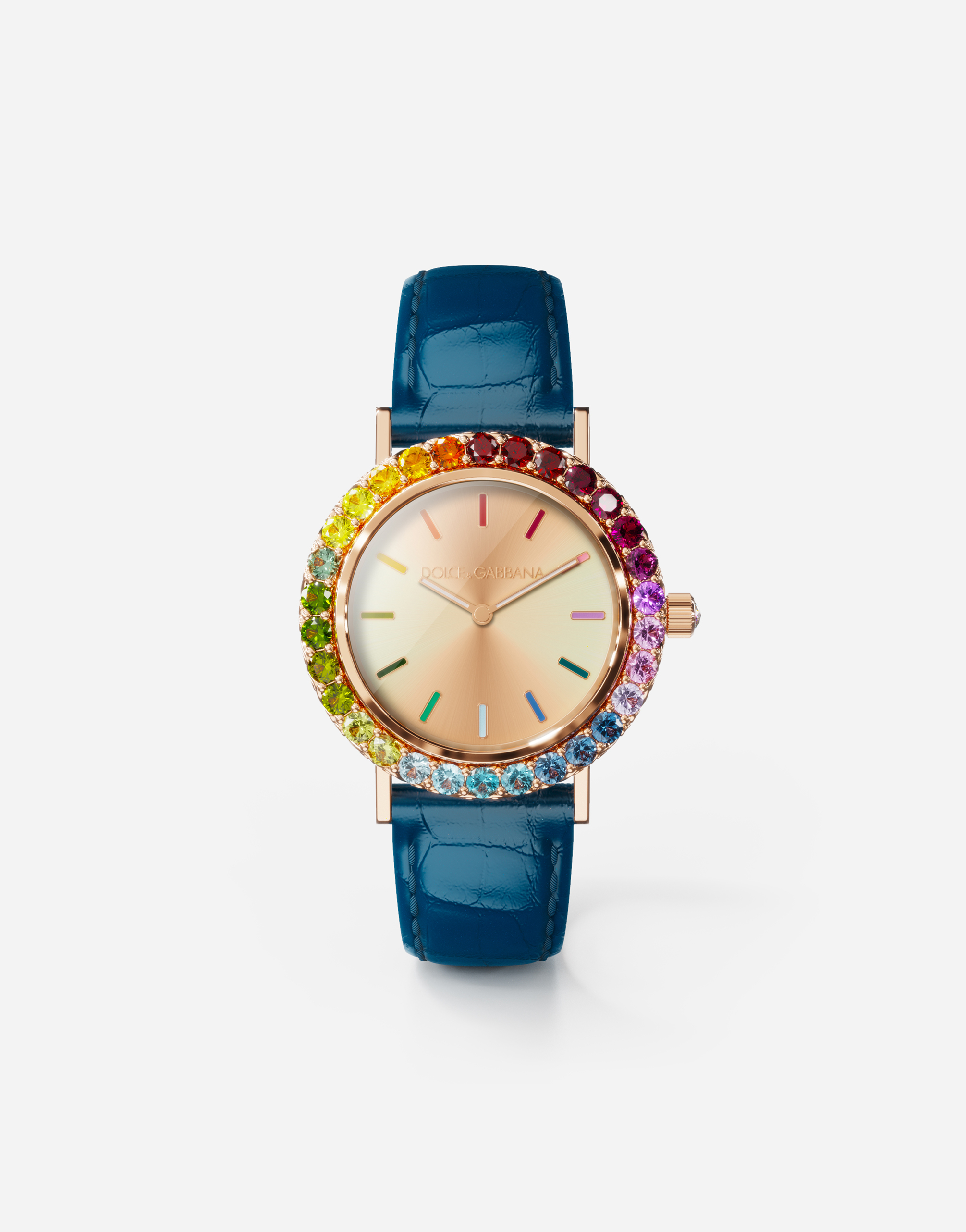Iris watch in rose gold with multi-colored fine gems in Blue