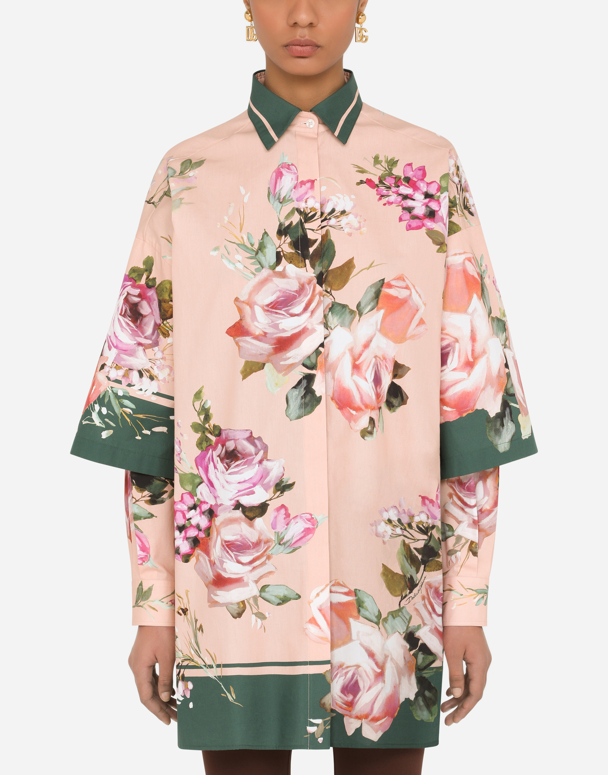 Rose-print poplin shirt with double sleeves in Multicolor
