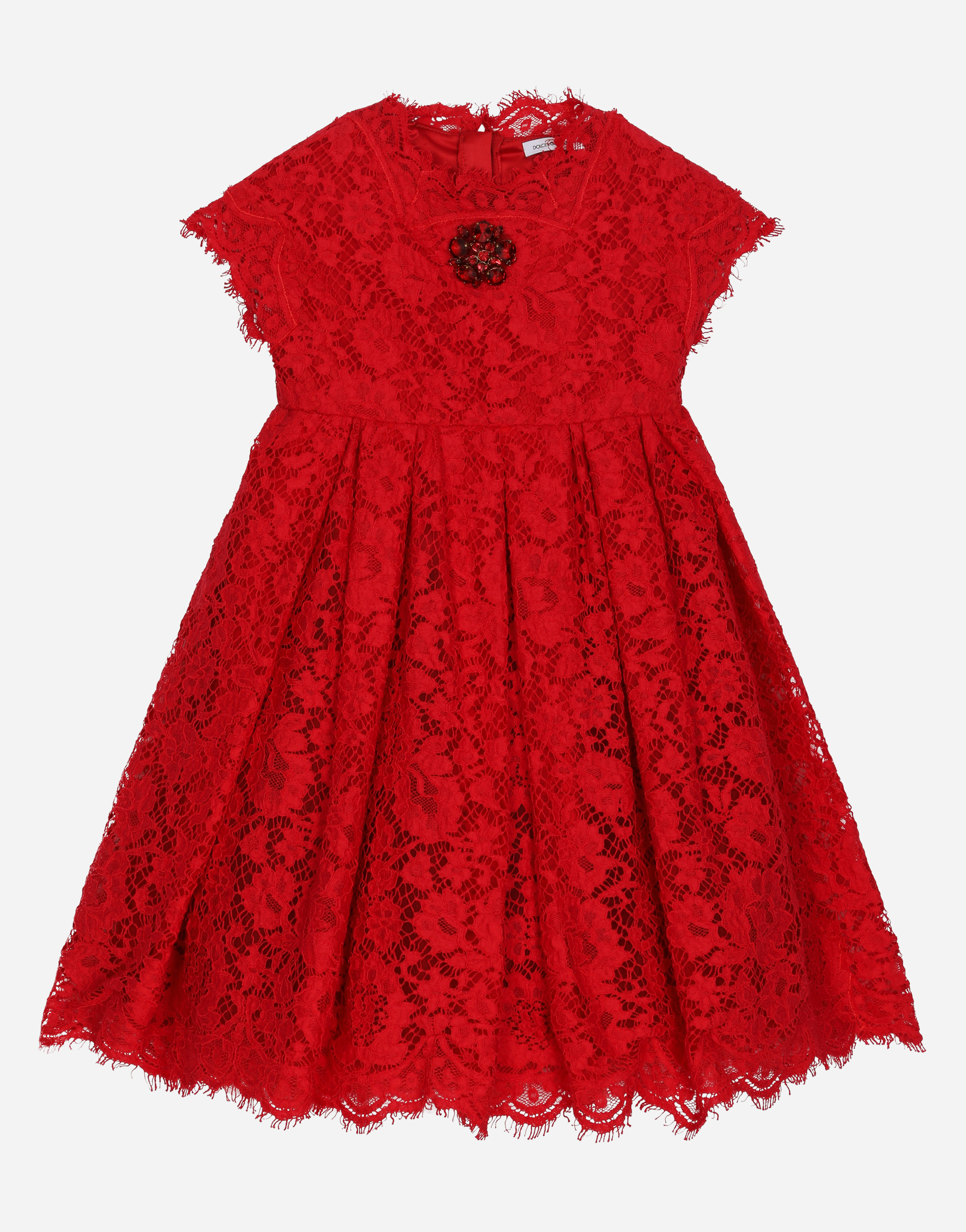 Cordonette lace dress with embroidered jewel in Red