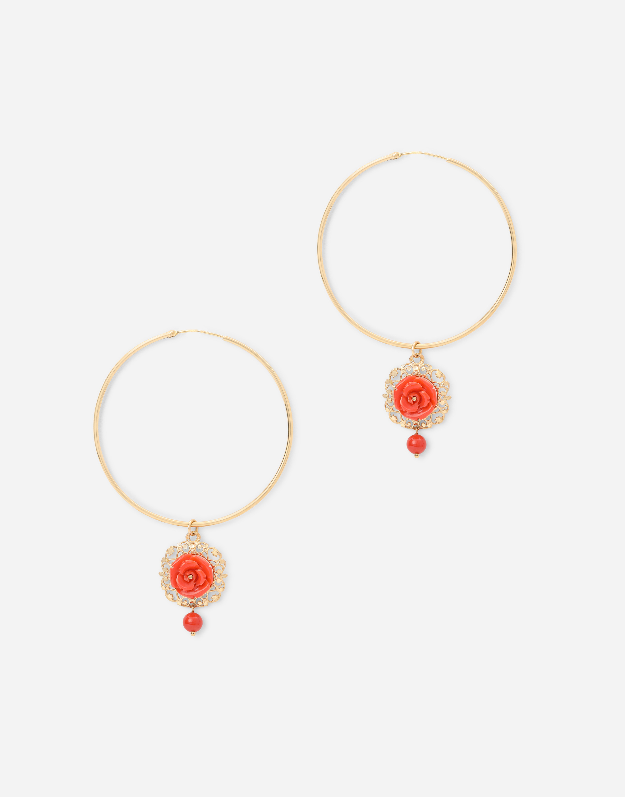 Coral loop earrings in yellow 18kt gold with coral roses in Gold