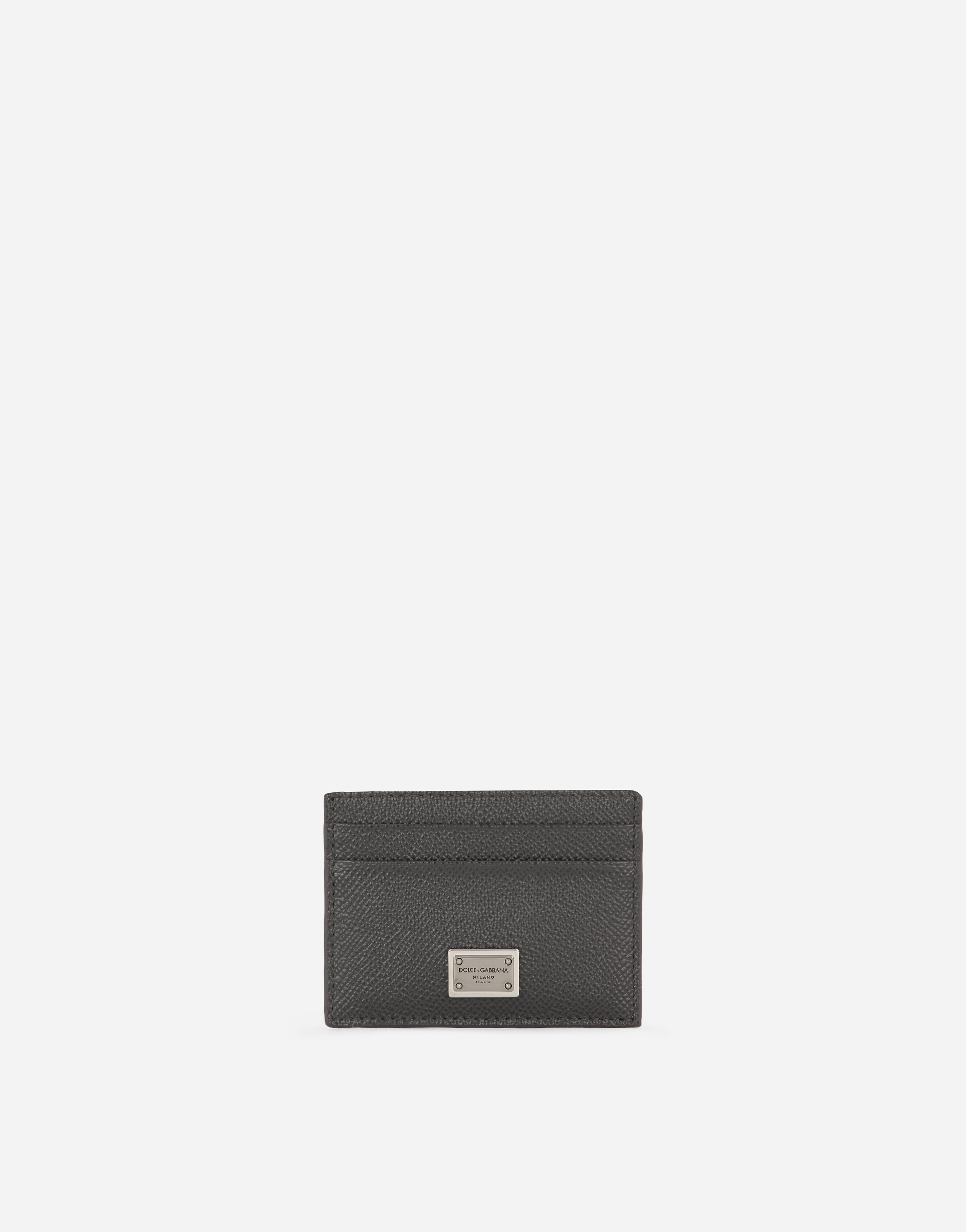 Calfskin card holder with branded plate in Grey