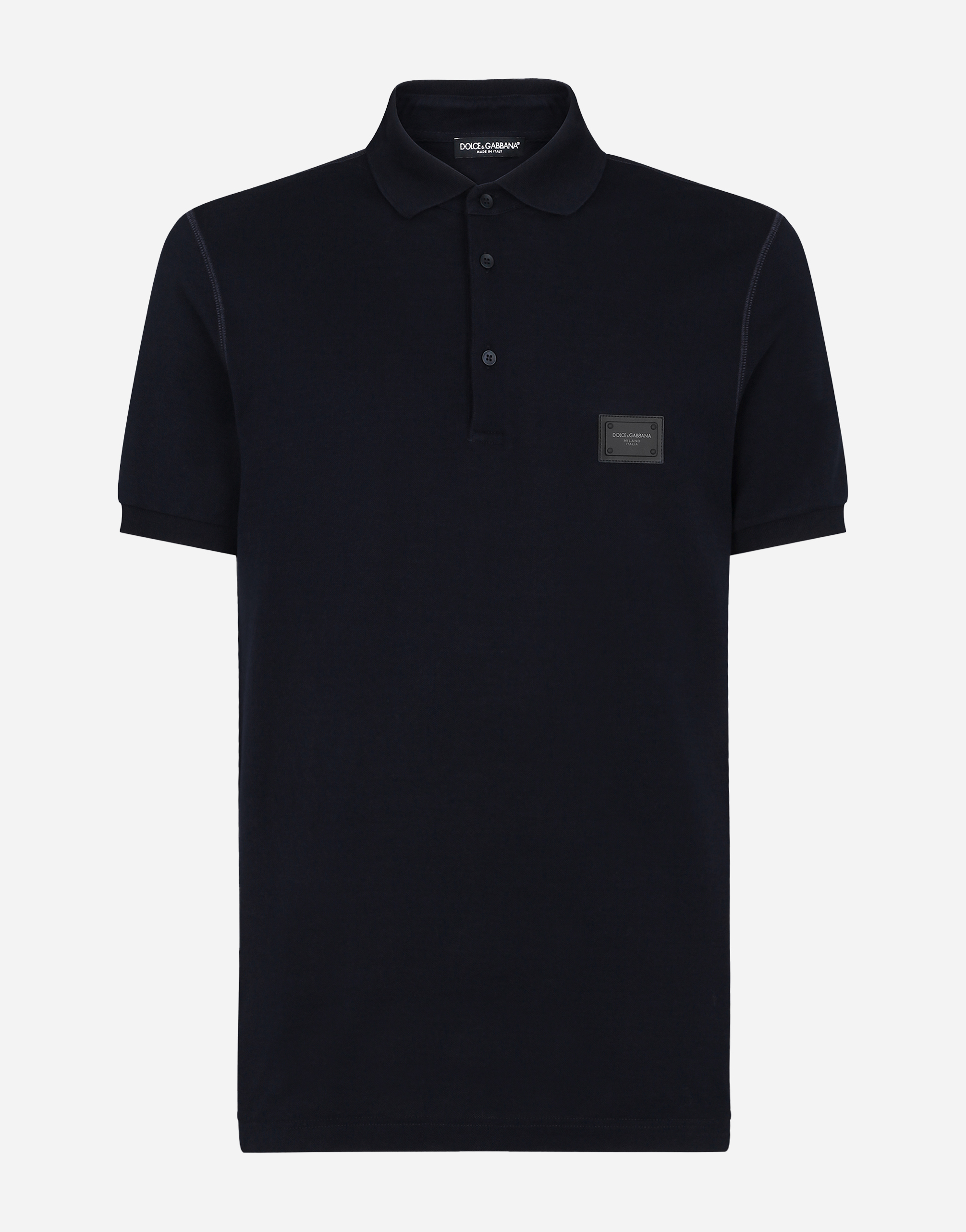 Cotton piqué polo-shirt with branded plate in Blue