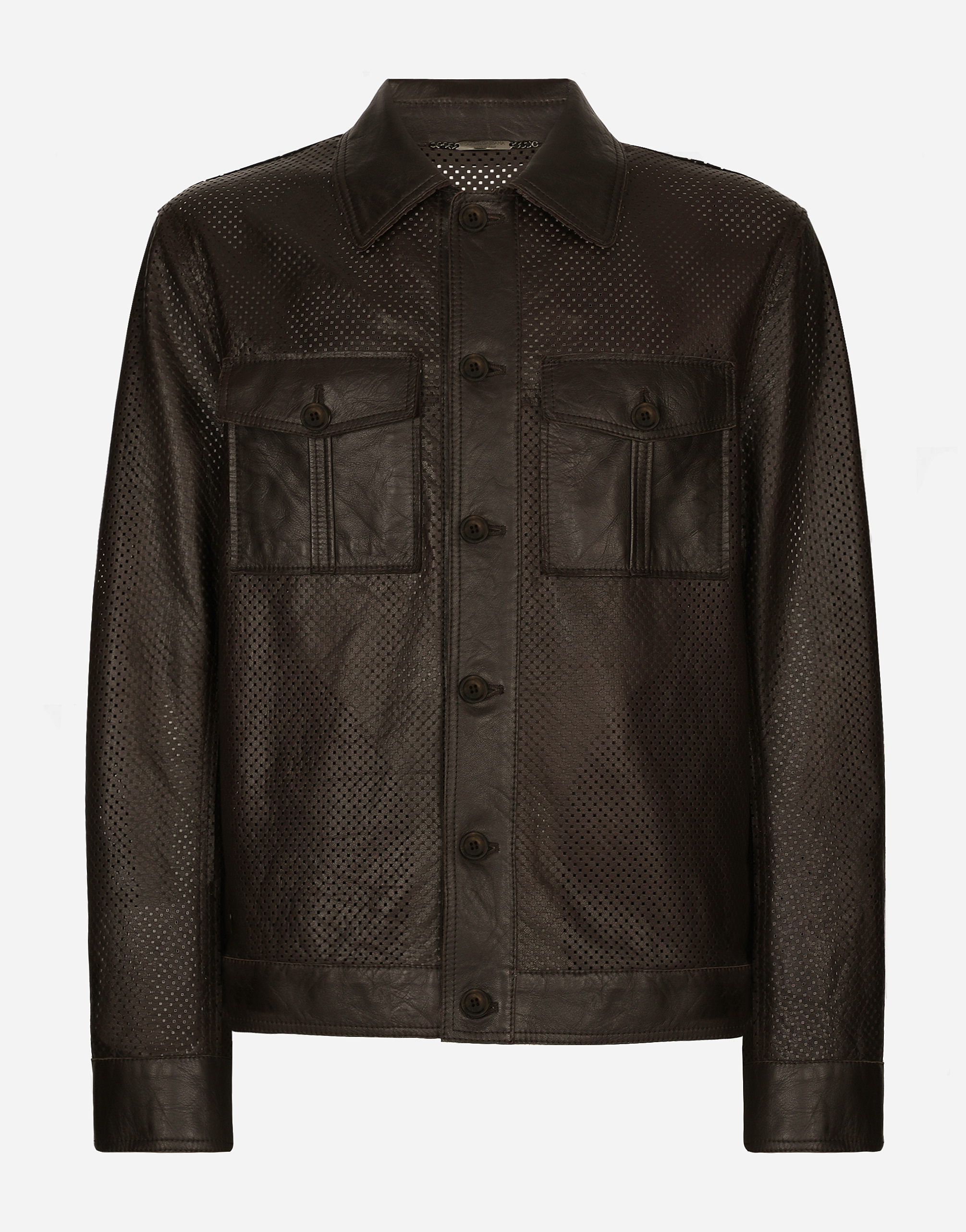 Openwork leather jacket with brand plate in Brown