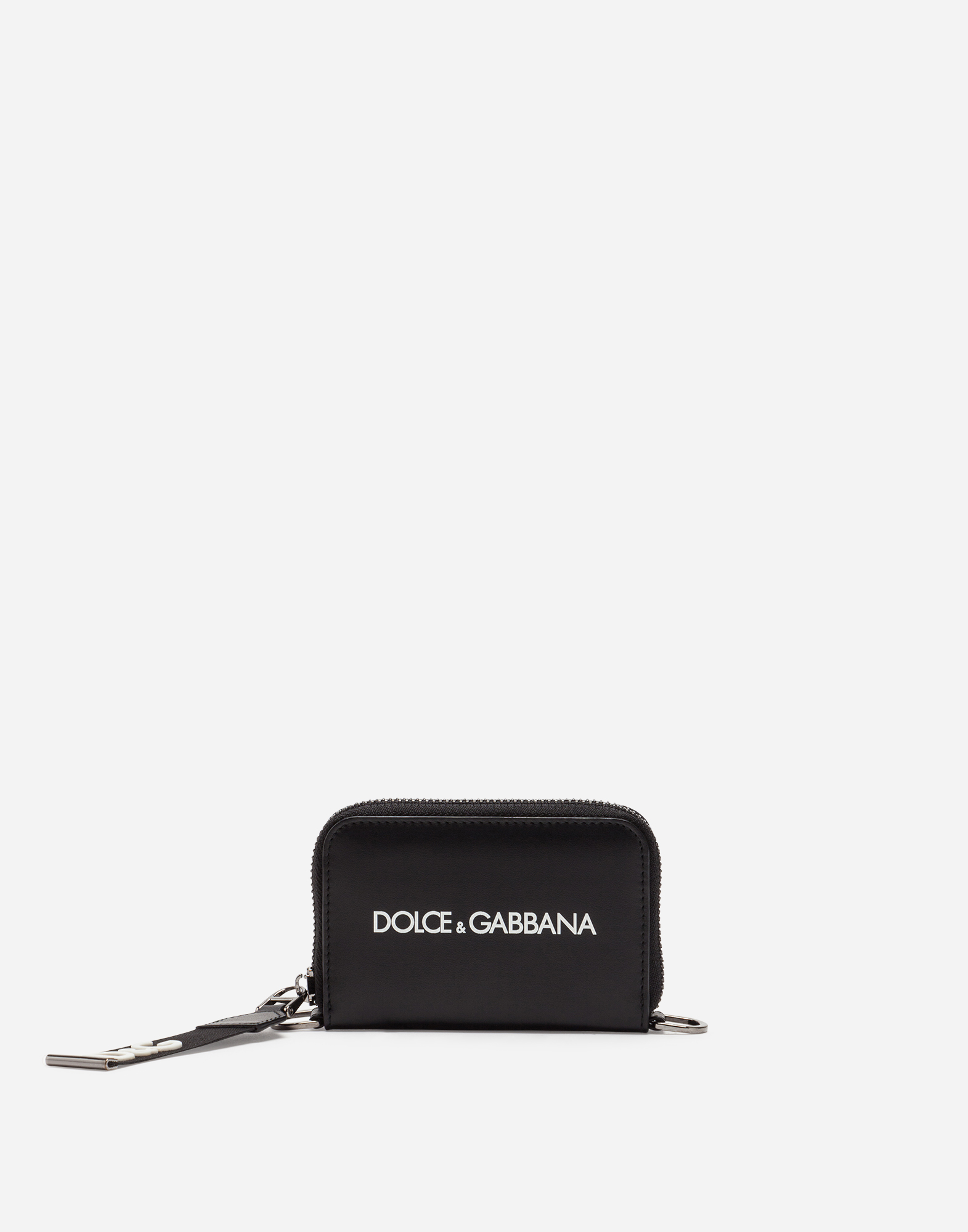 Mini zip-around calfskin wallet with logo print in Black