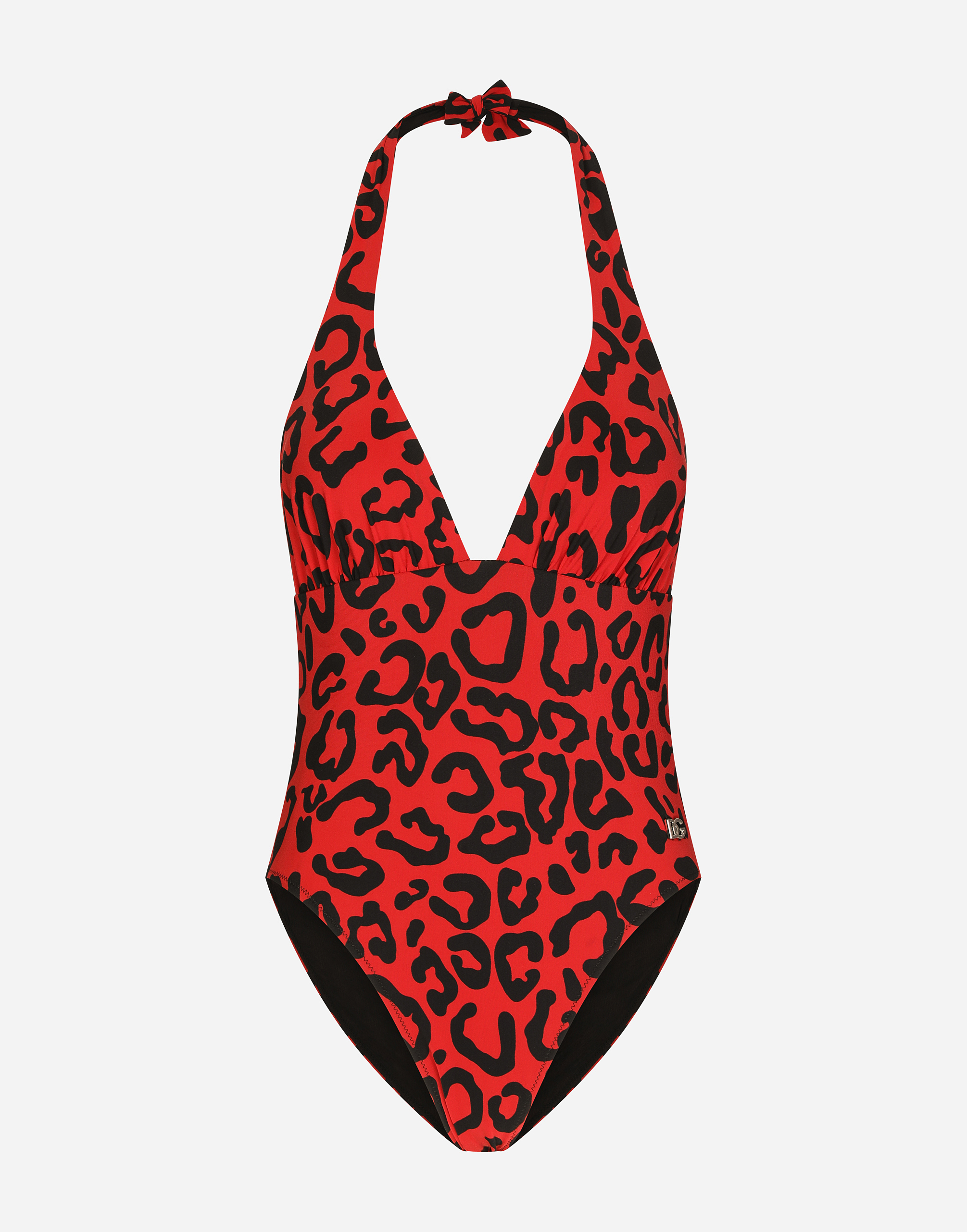 Leopard-print one-piece swimsuit with plunging neckline in Multicolor