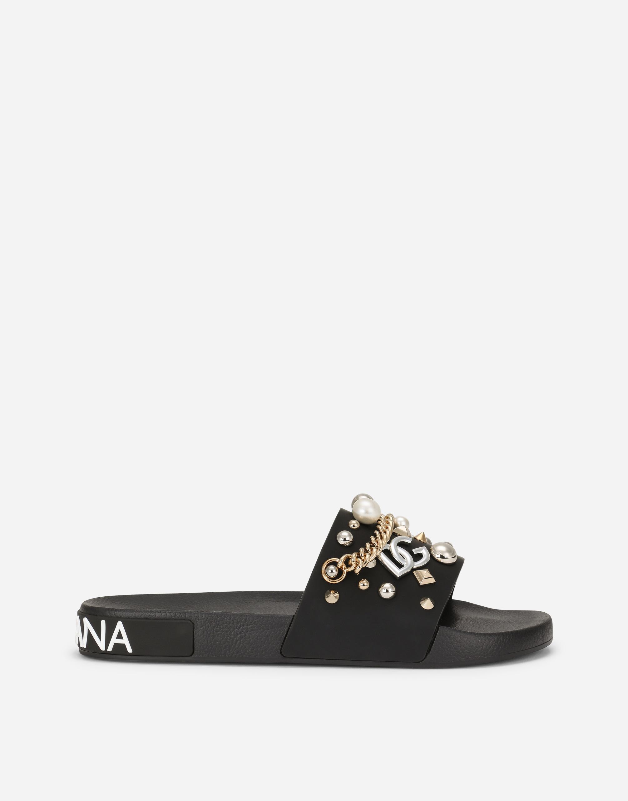 Rubber beachwear slides with embroidery in Black
