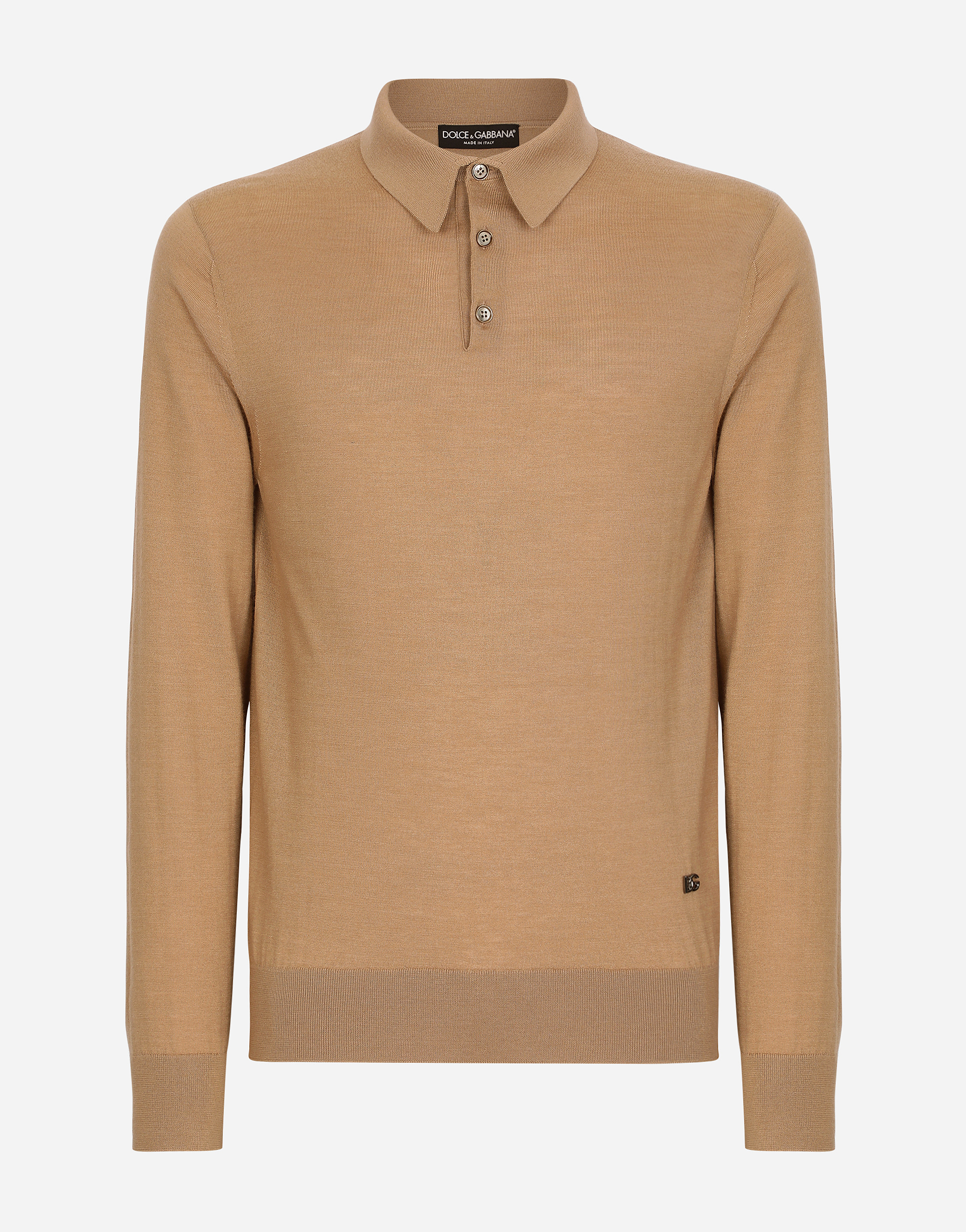 Silk and cashmere polo-shirt with DG hardware in Beige