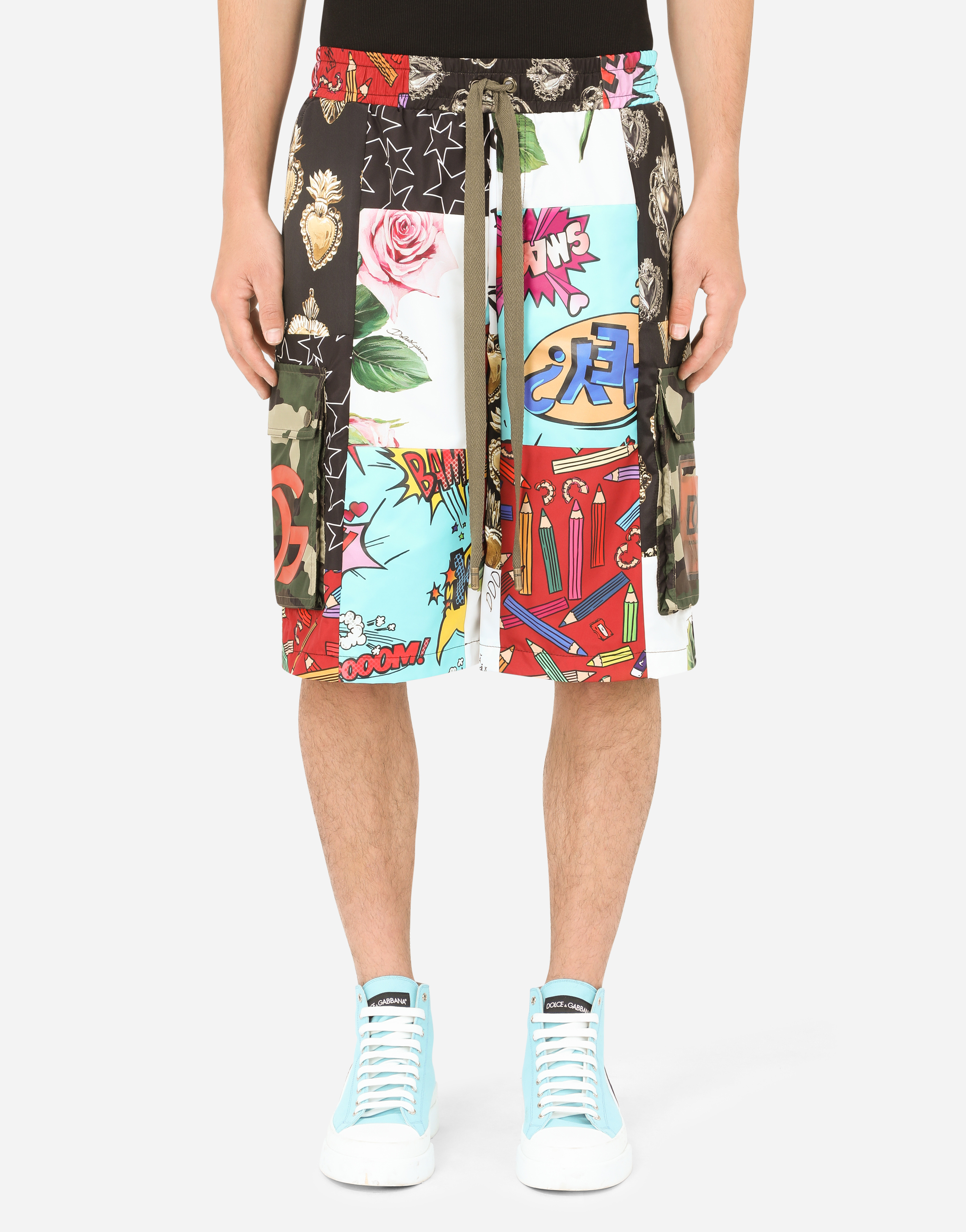 Cotton patchwork jogging shorts with DG patch in Multicolor