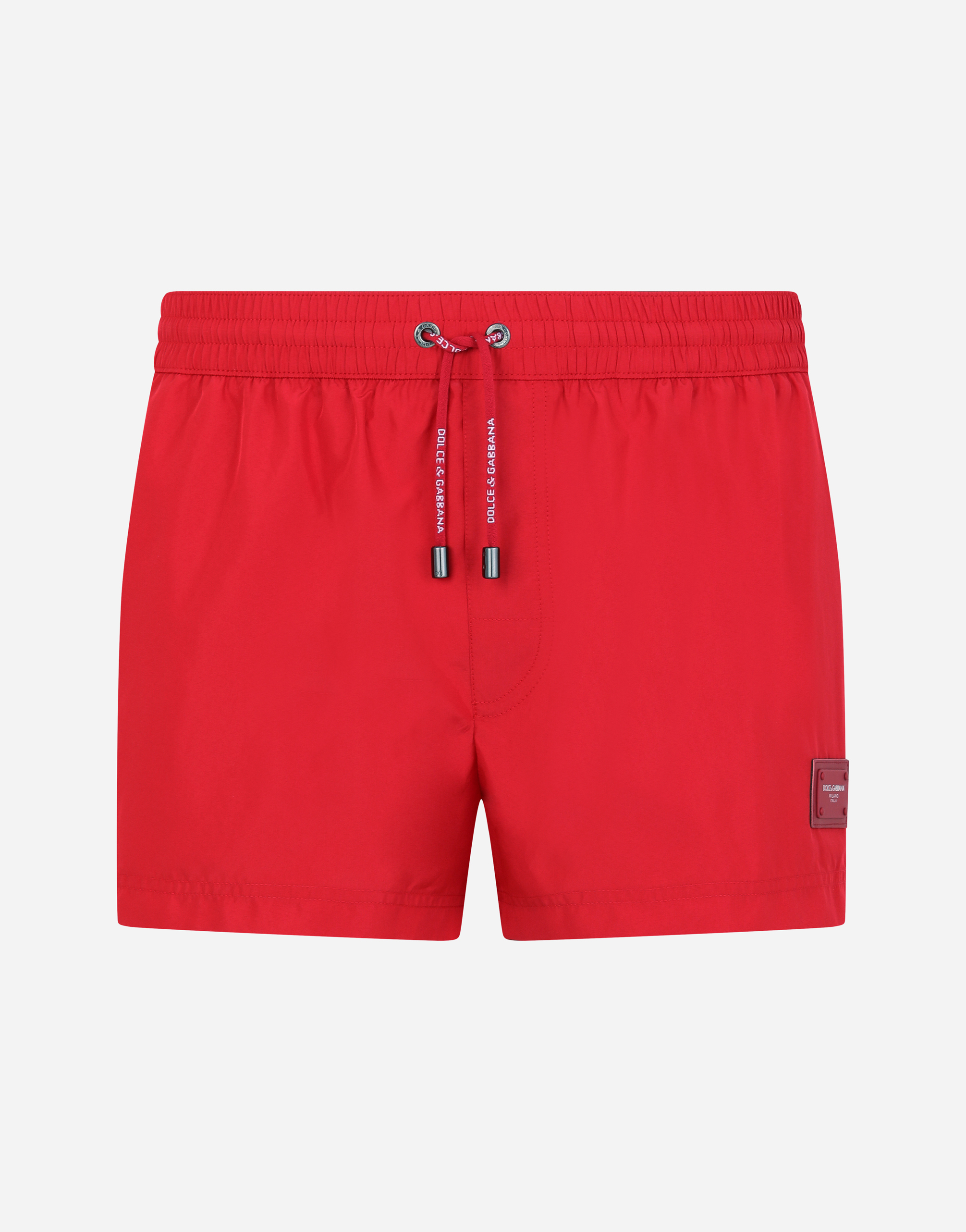 Short swim trunks with branded plate in Red