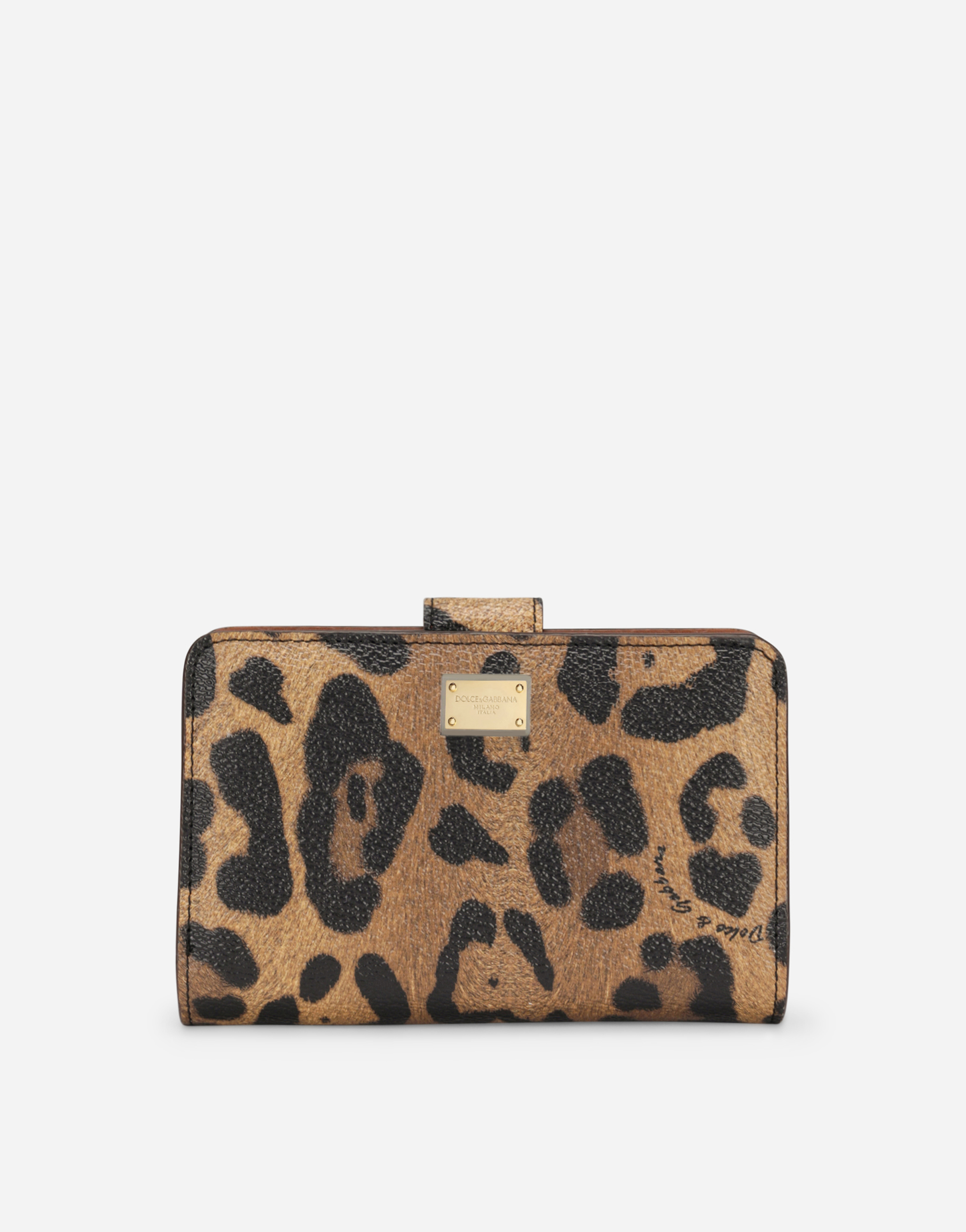 Small continental wallet in leopard-print Crespo with branded plate in Multicolor