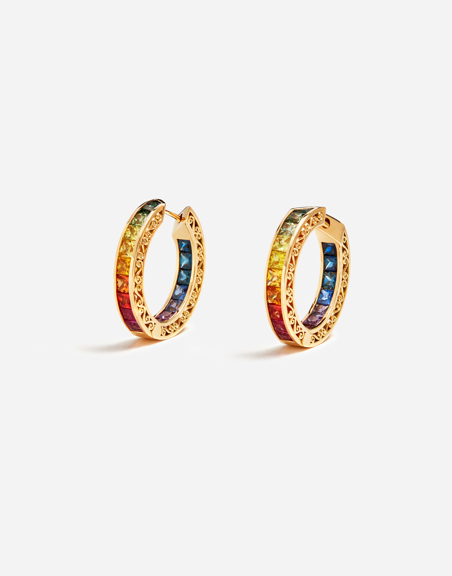 Multi-colored sapphire hoop earrings in Gold