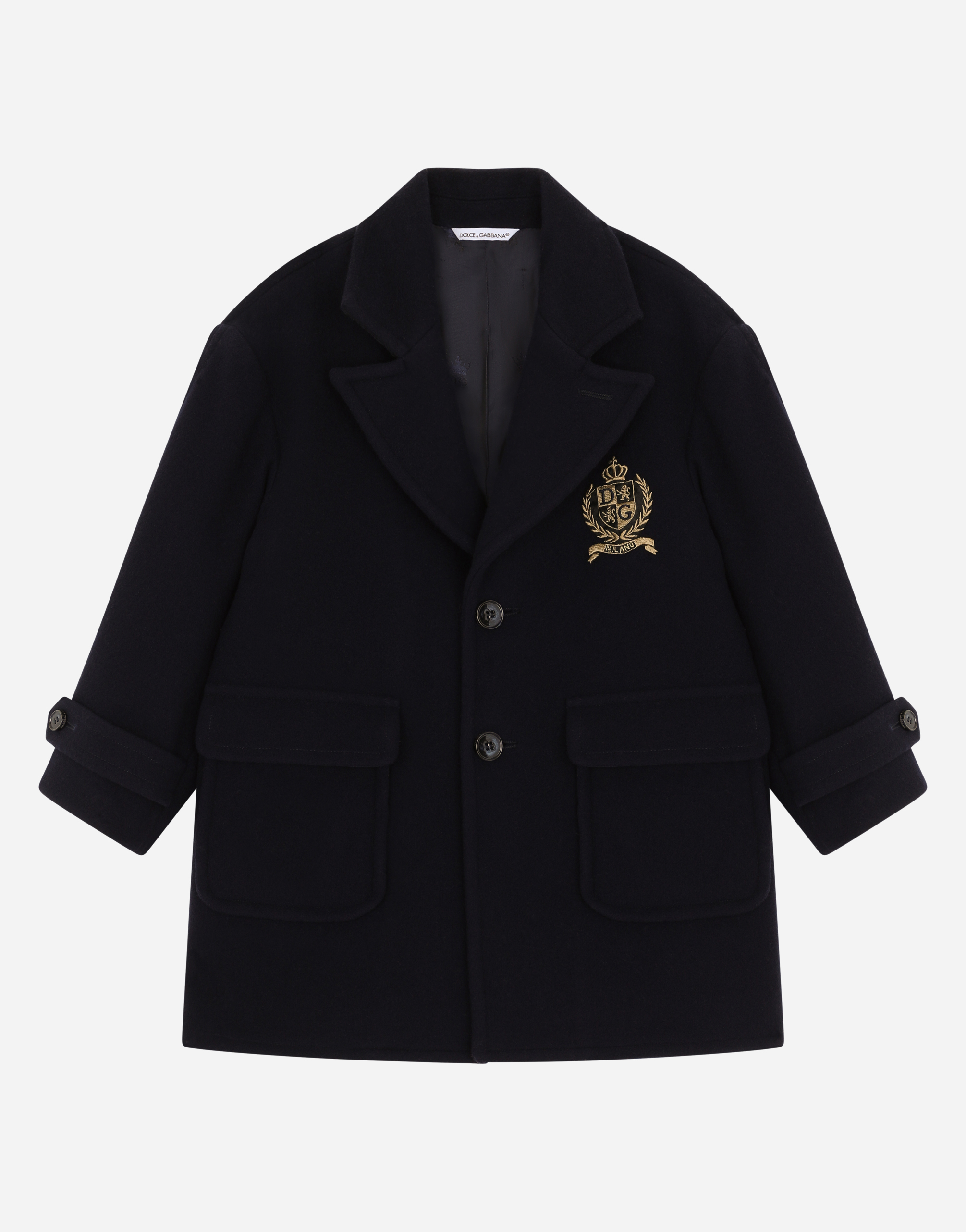 Single-breasted baize coat with logo patch in Blue