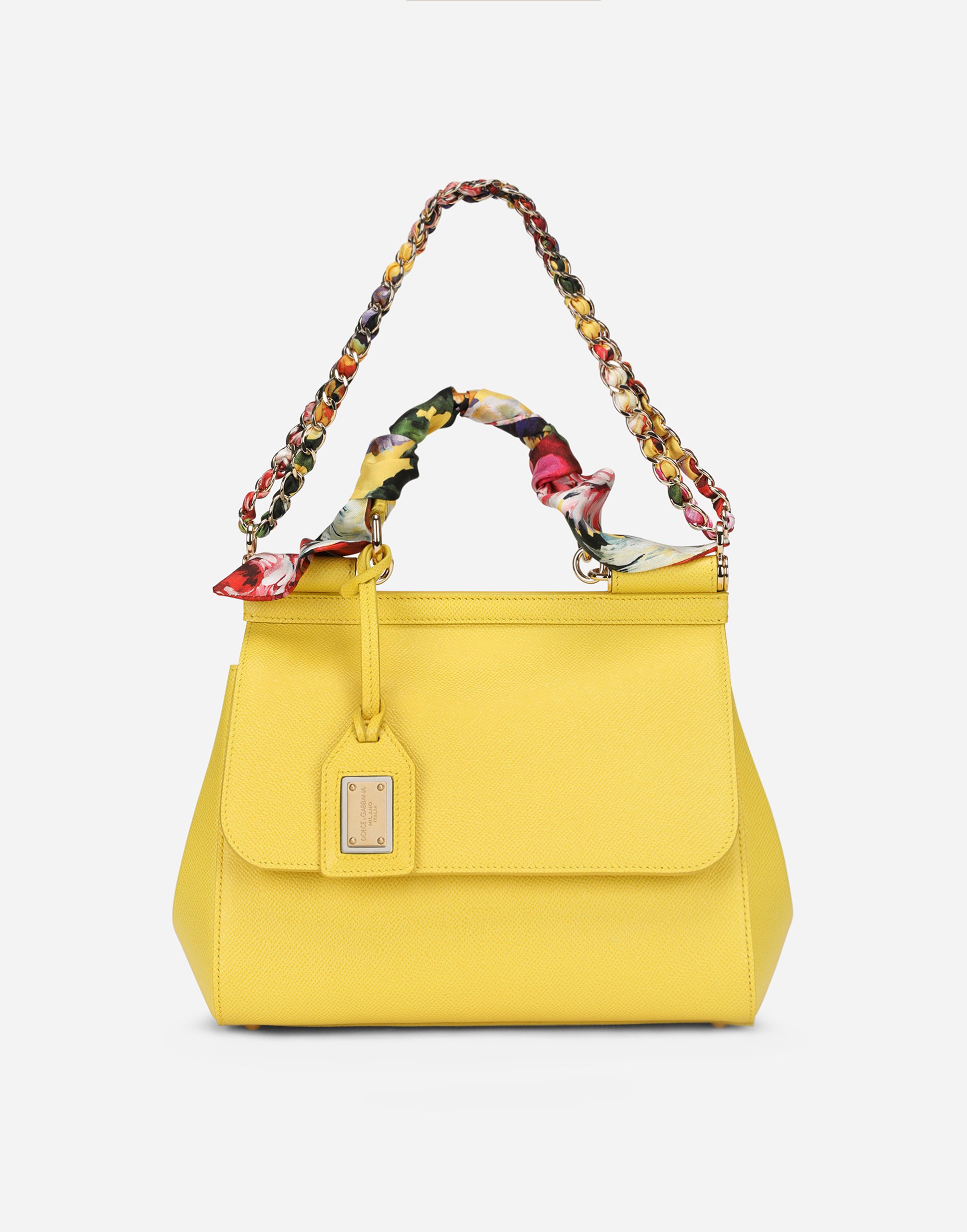 Medium Sicily bag in Dauphine calfskin with scarf in Yellow