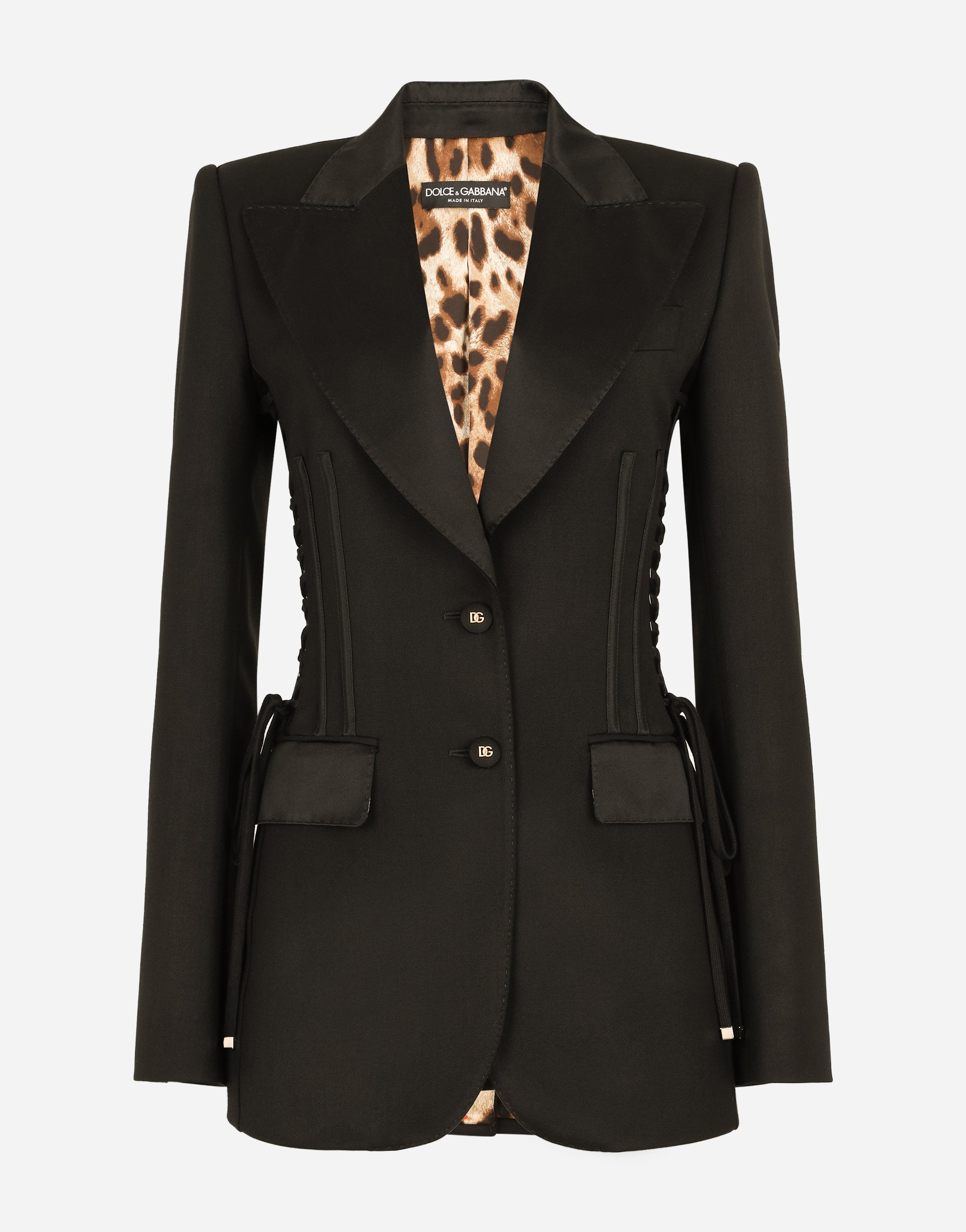 Single-breasted tuxedo gabardine jacket with lacing in Black