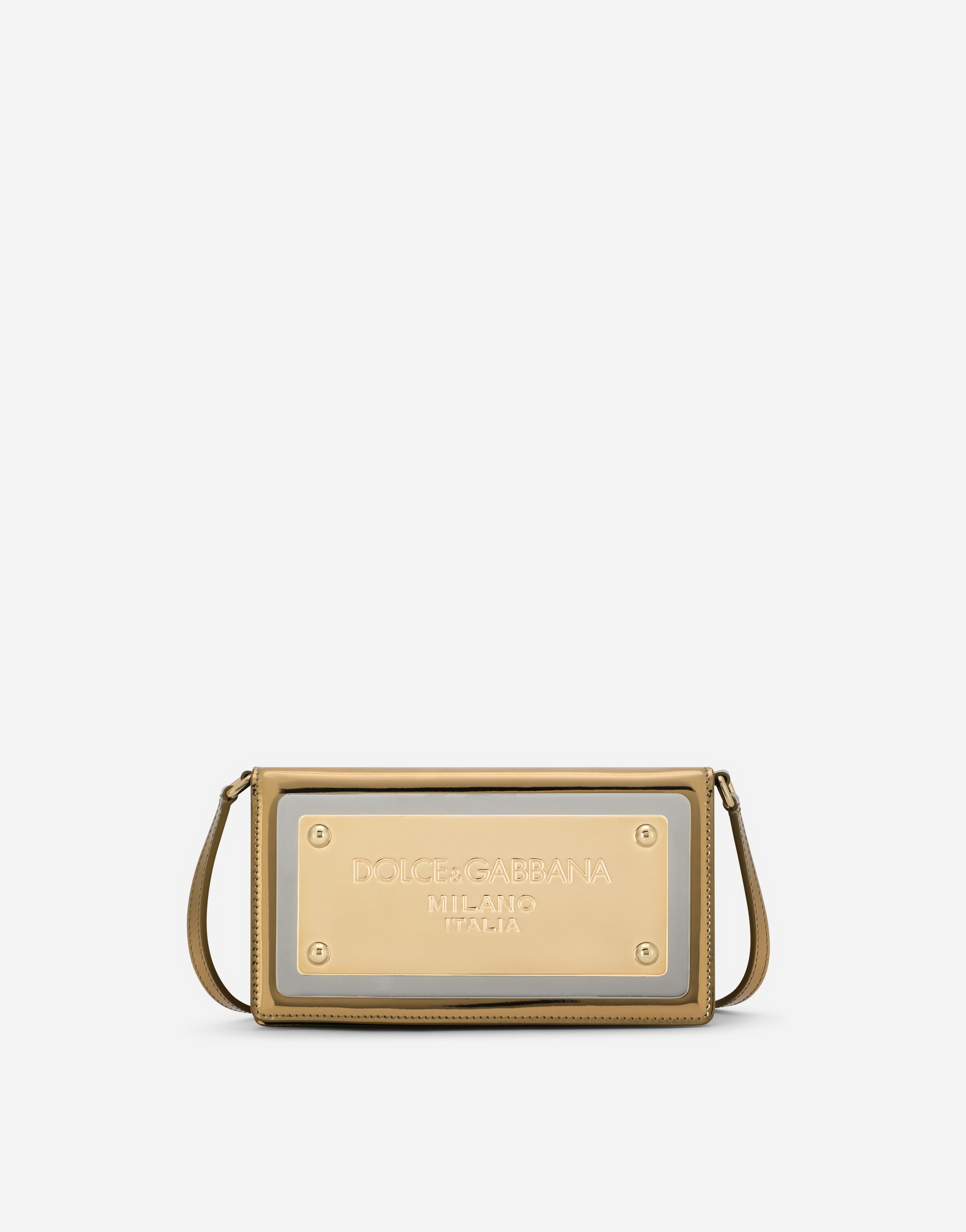 Phone bag with branded maxi-plate in Gold
