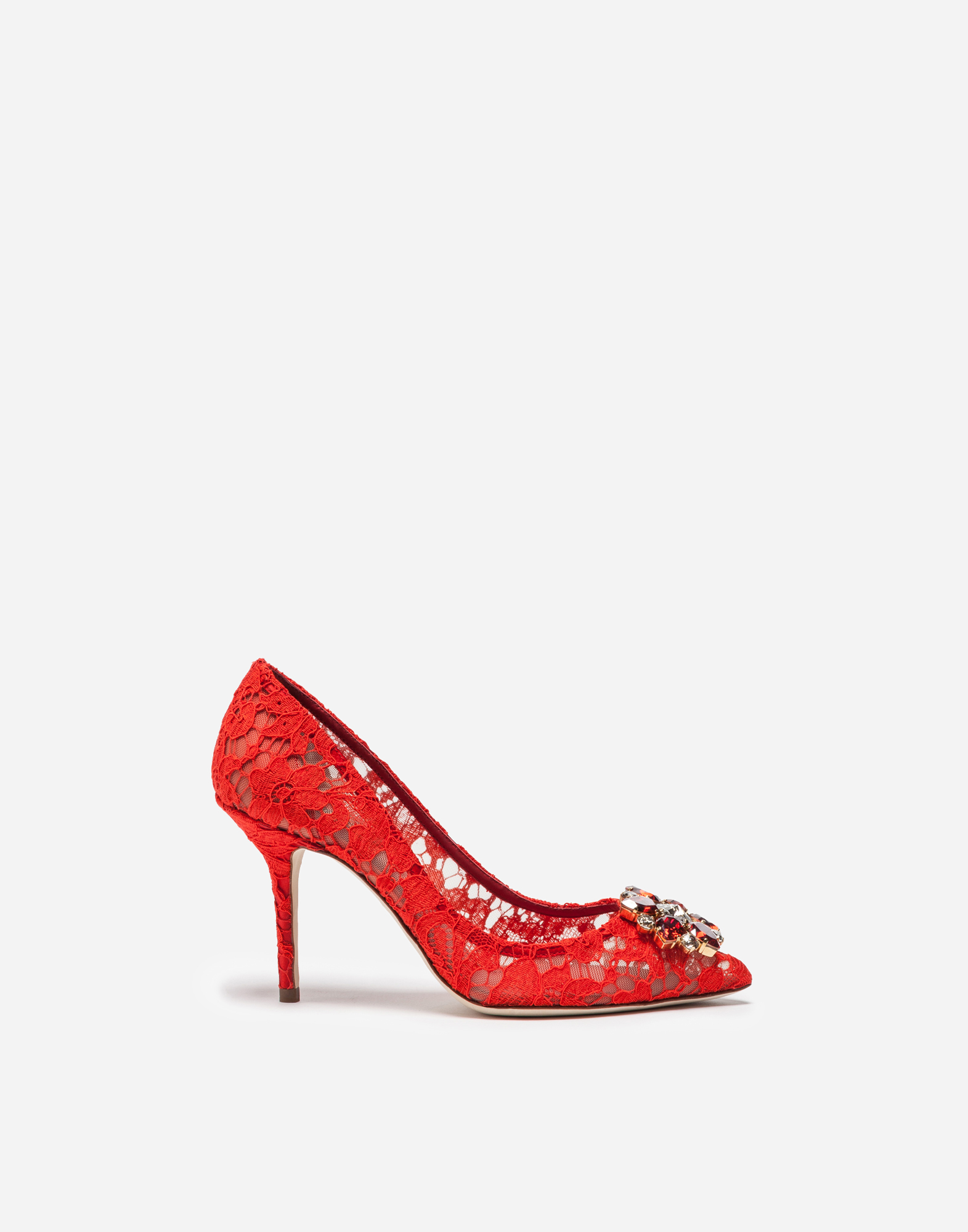 Lace rainbow pumps with brooch detailing in Red