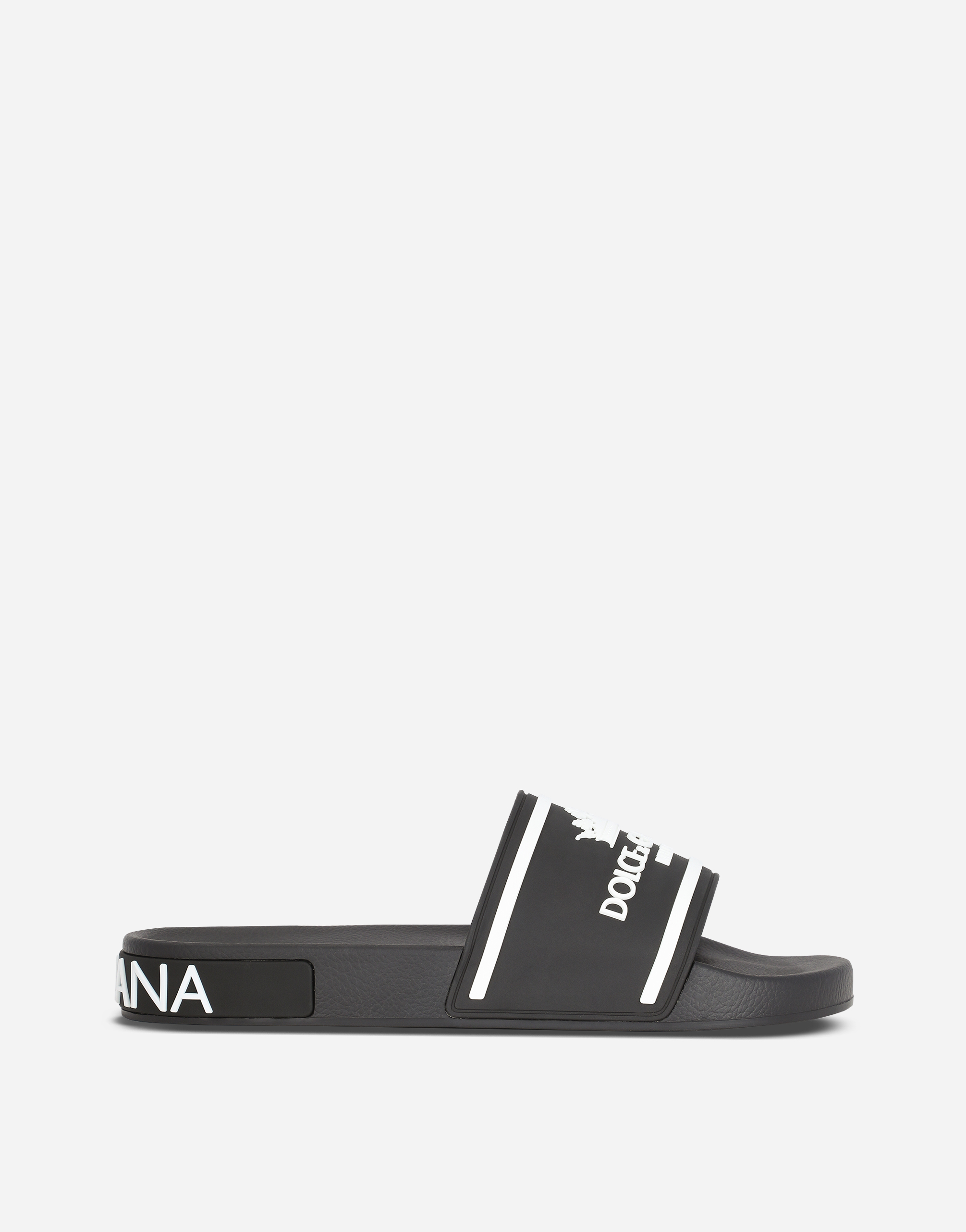 Rubber beachwear slides with Dolce&Gabbana milano and crown in Black/White