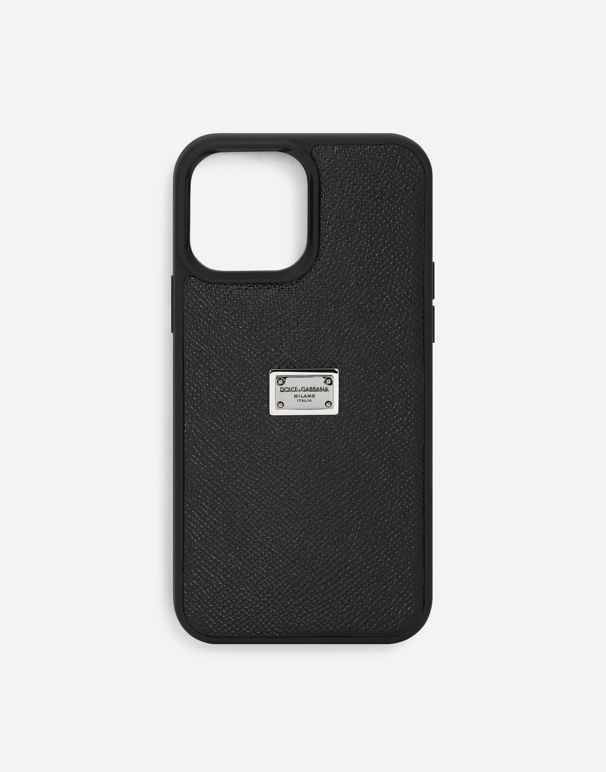 Calfskin iPhone 13 Pro Max cover with logo tag in Black
