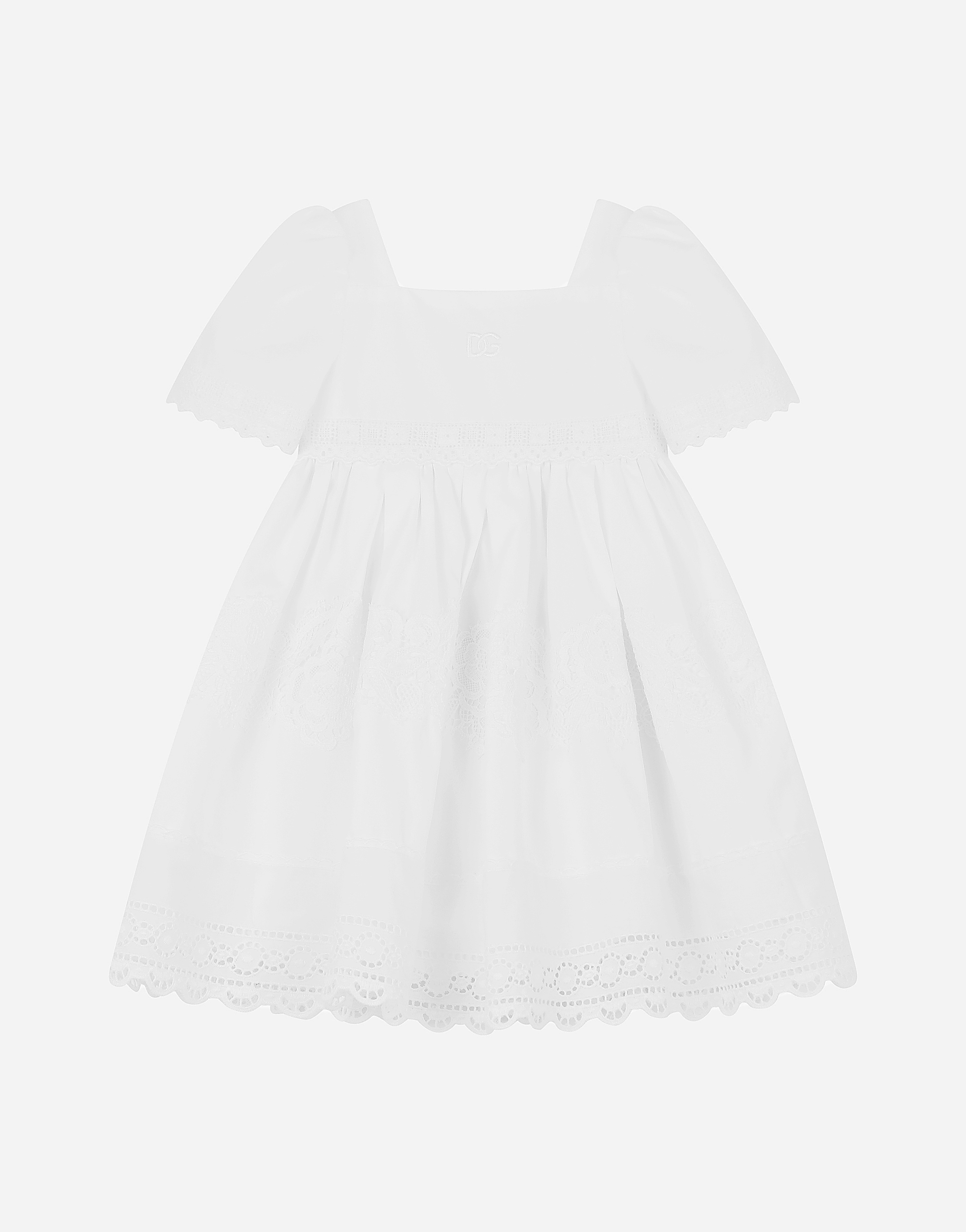 Poplin dress with lace inserts in White
