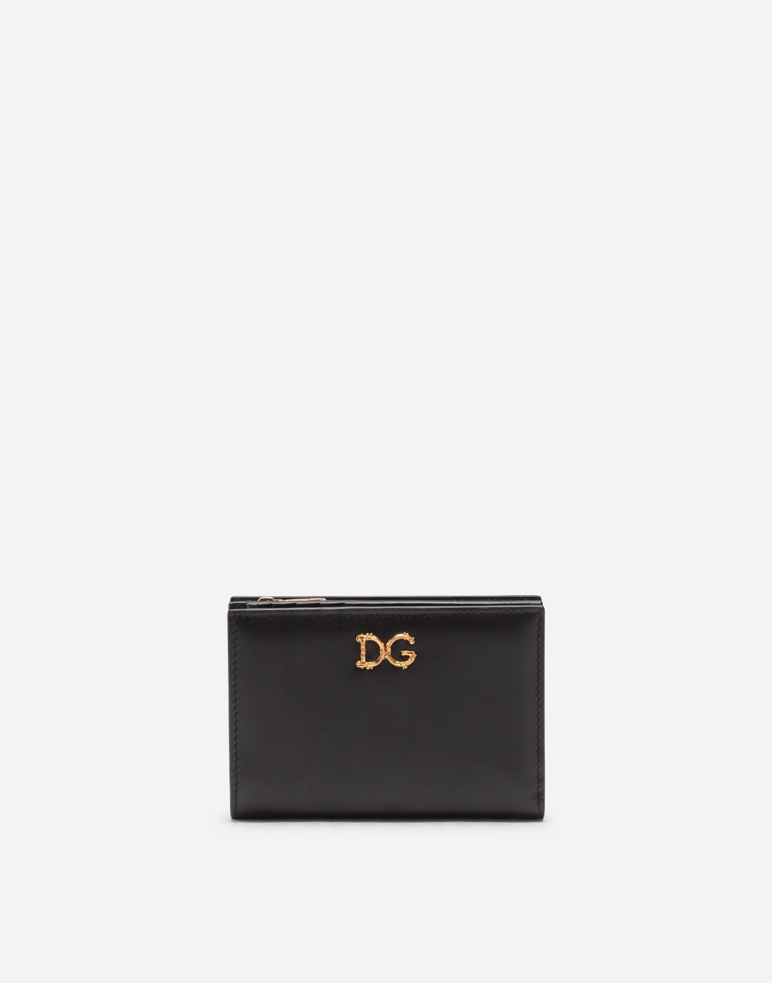 Small plain calfskin wallet with baroque logo in Black