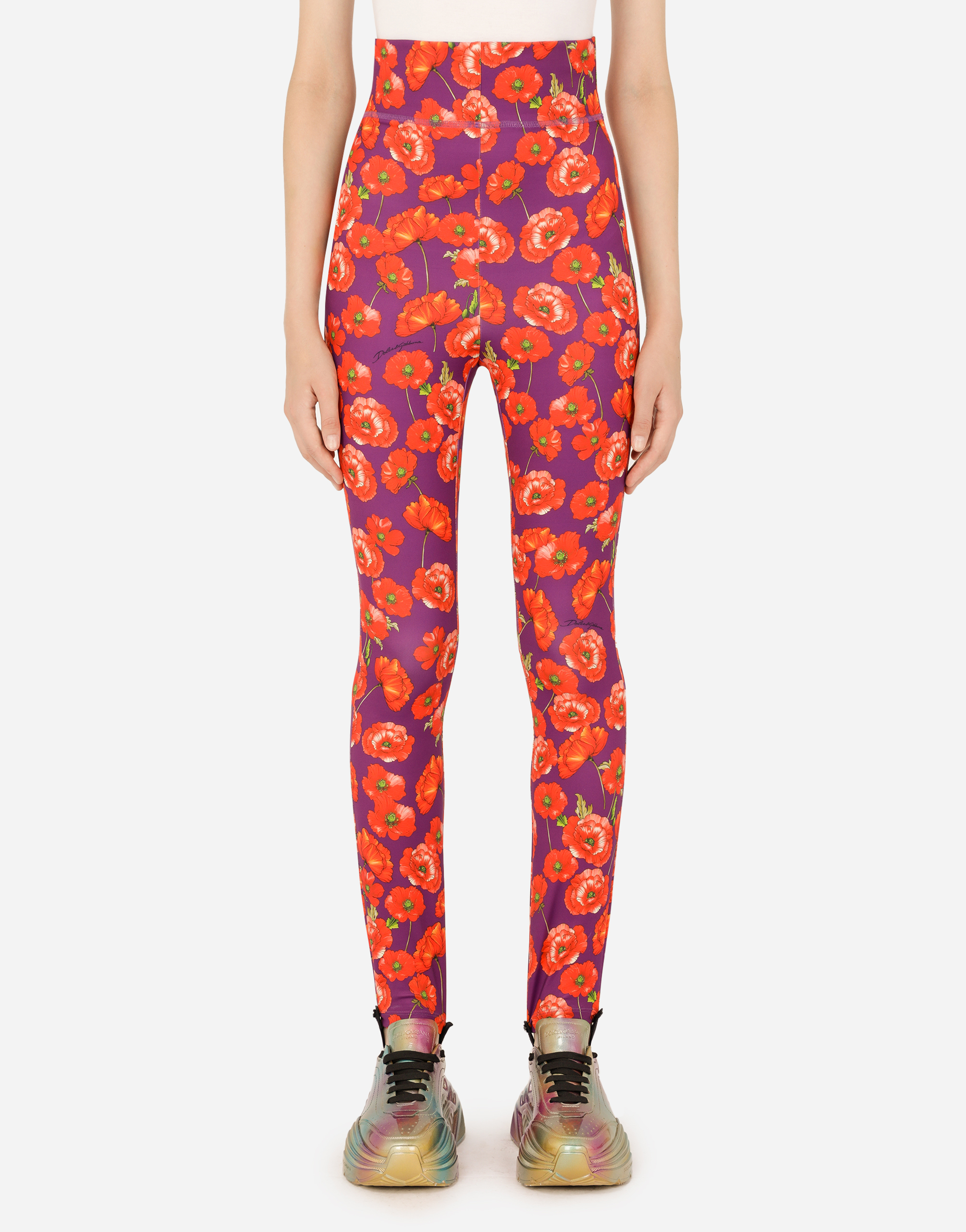 Run-resistant jersey leggings with poppy print in Multicolor