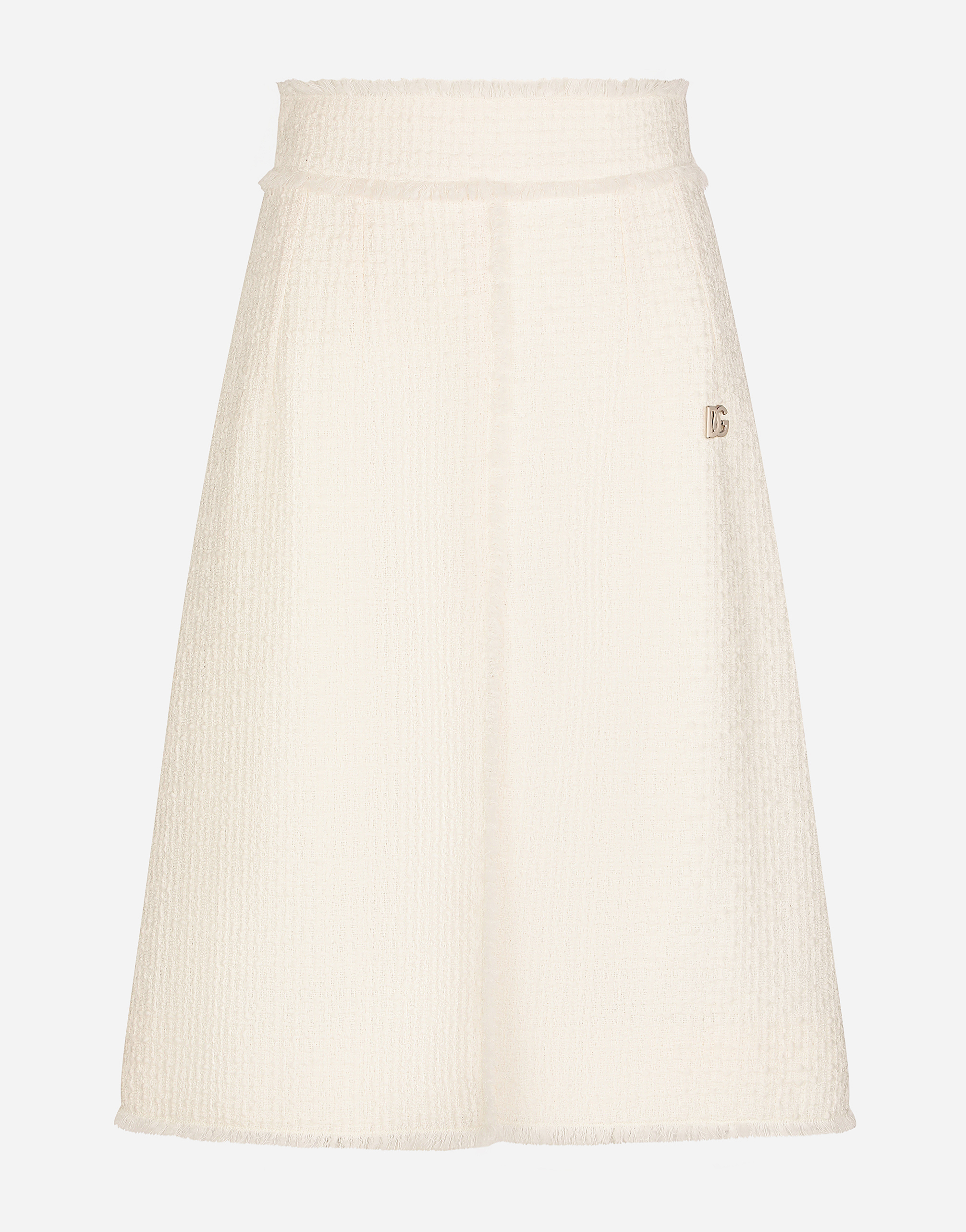 Raschel tweed midi skirt with central slit in White