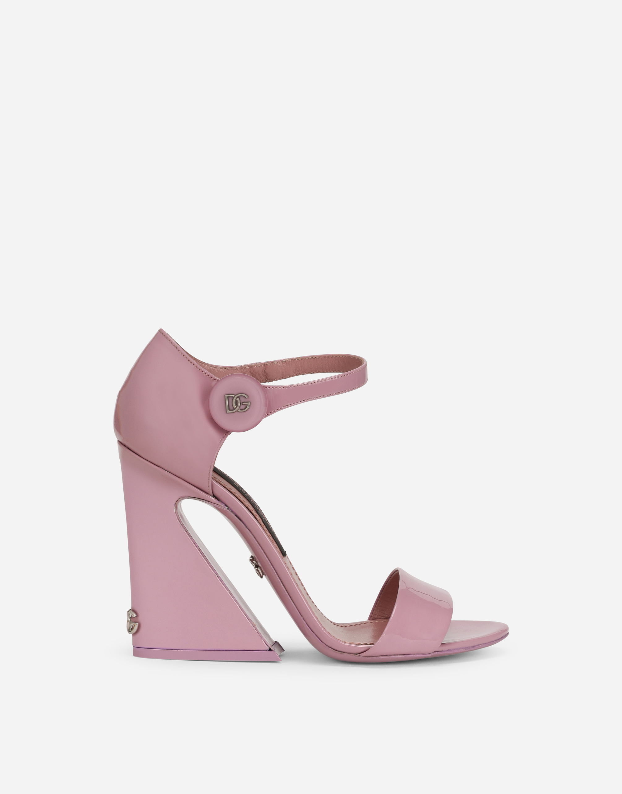 Patent leather sandals with geometric heel in Pink