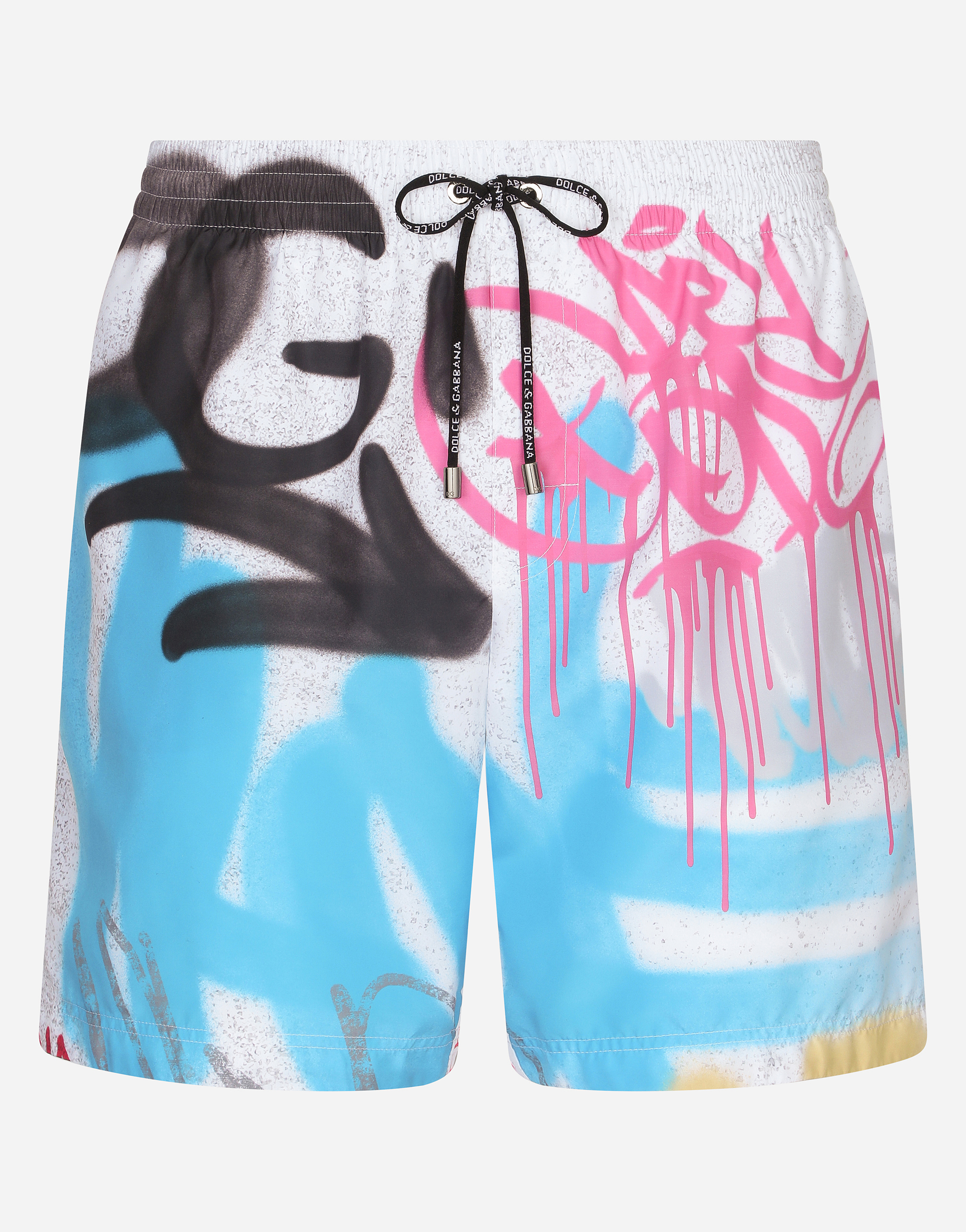 Mid-length swim trunks with spray-paint graffiti print in Multicolor