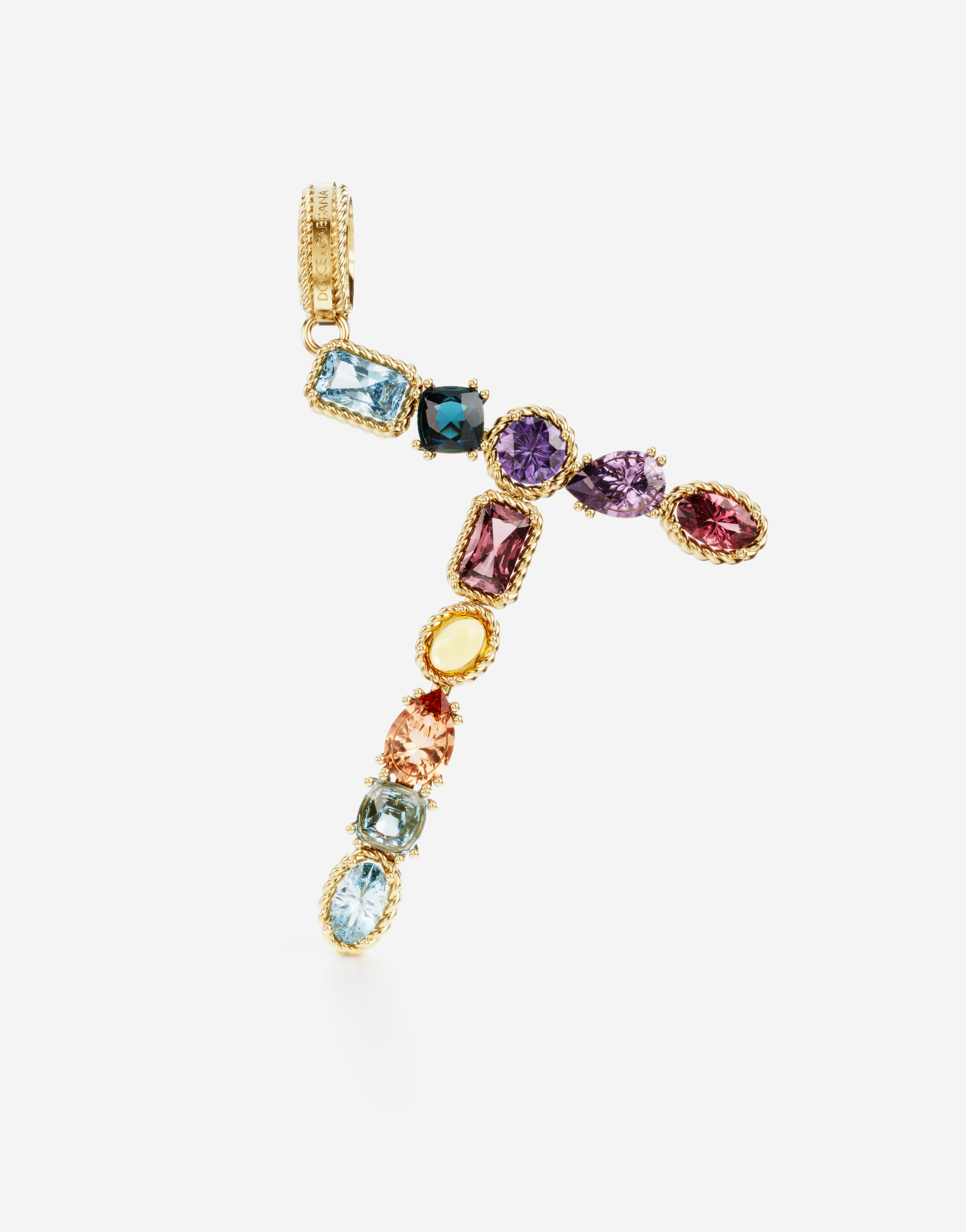Rainbow alphabet T 18 kt yellow gold charm with multicolor fine gems in Gold