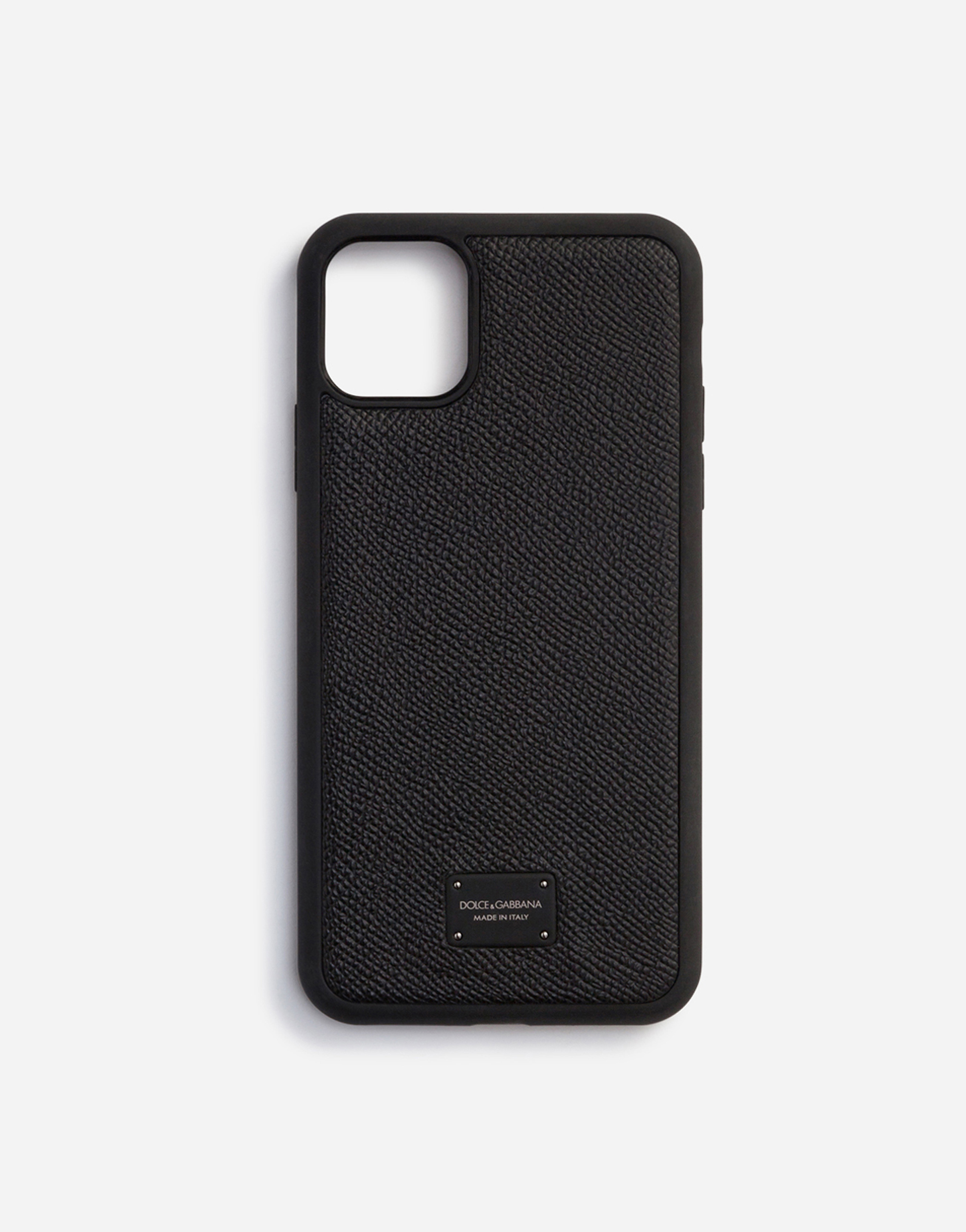 Dauphine calfskin iPhone 11 Pro max cover with branded plate in Black