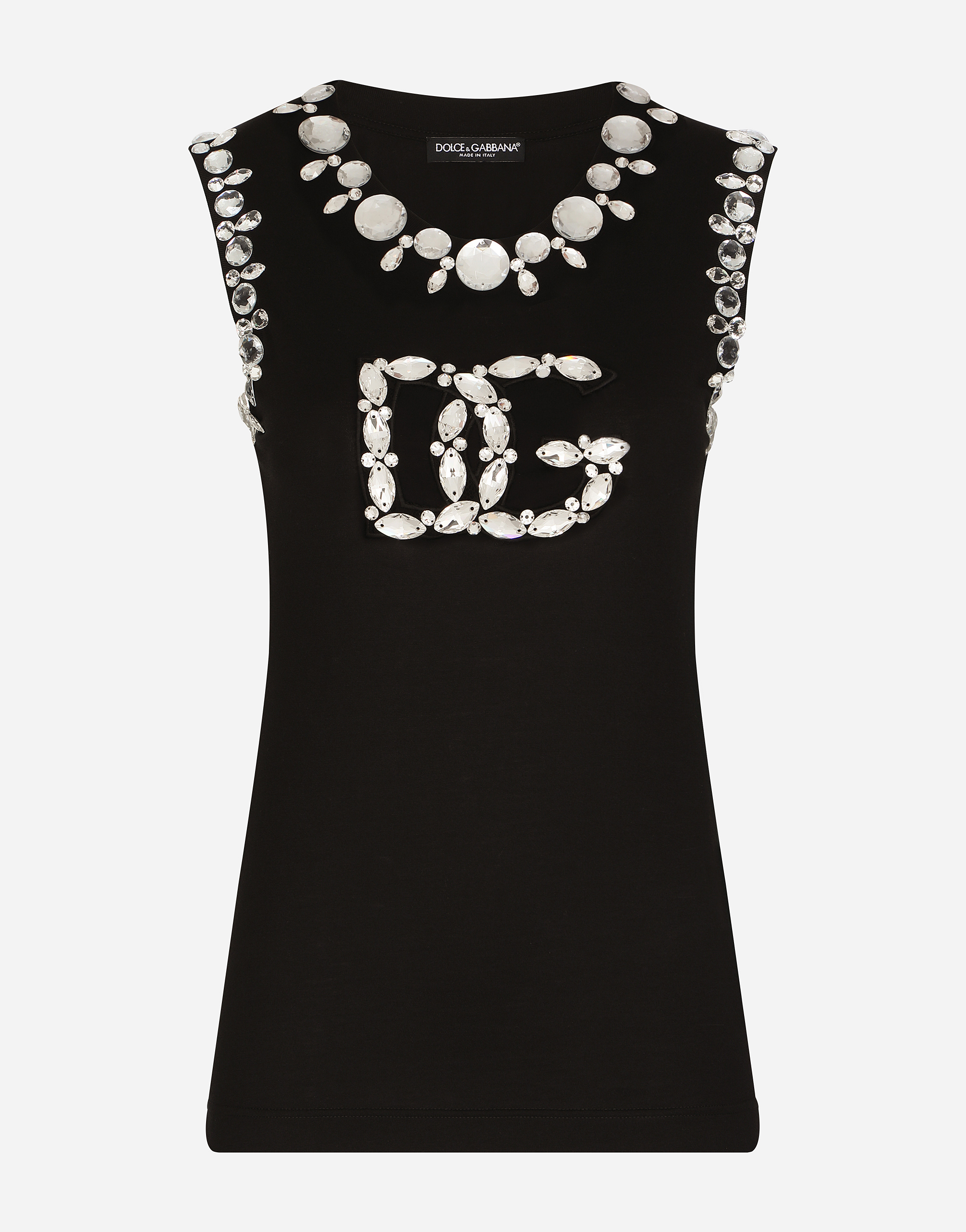 Jersey tank top with rhinestone details in Black