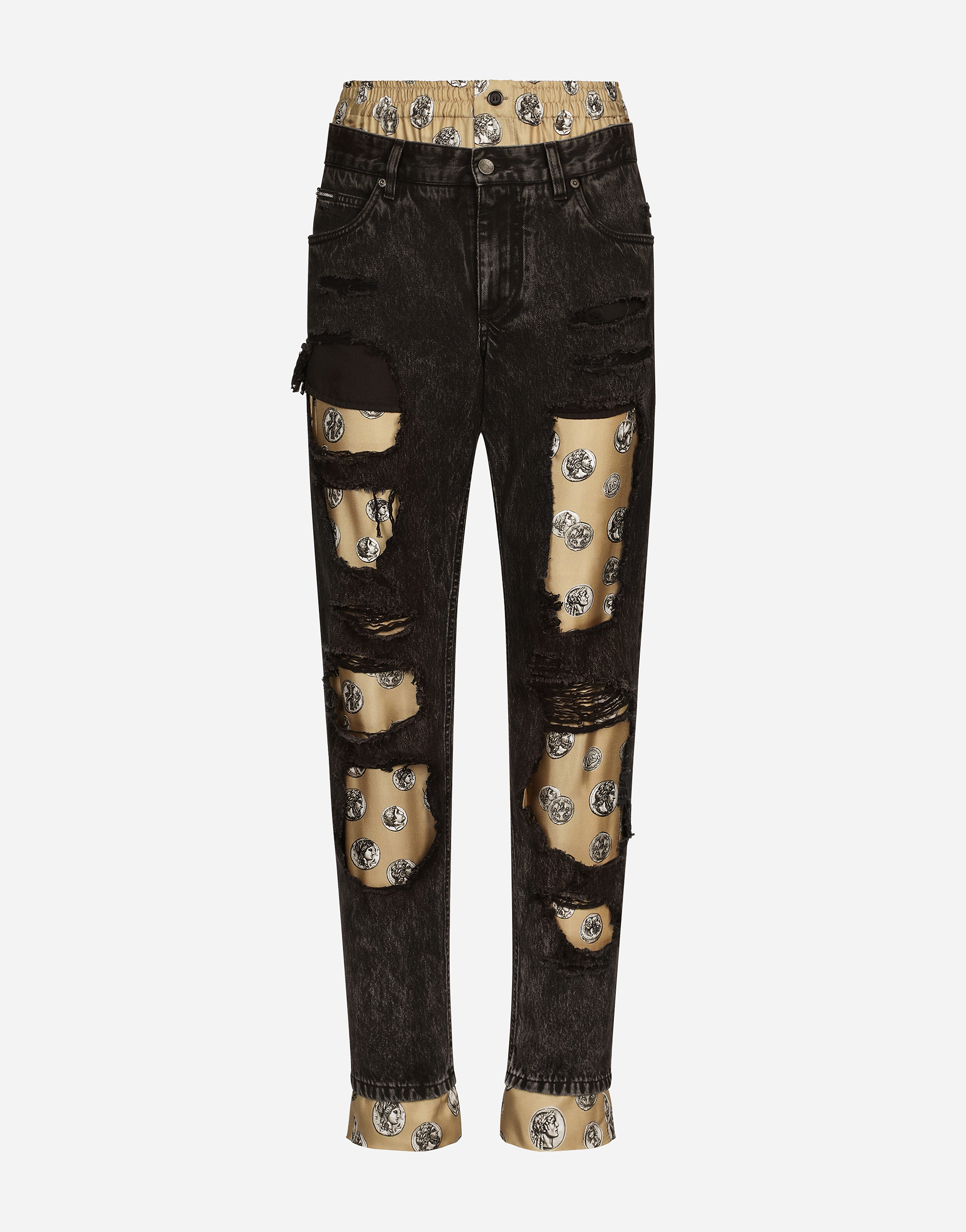Jeans with coin print silk twill interior in Multicolor