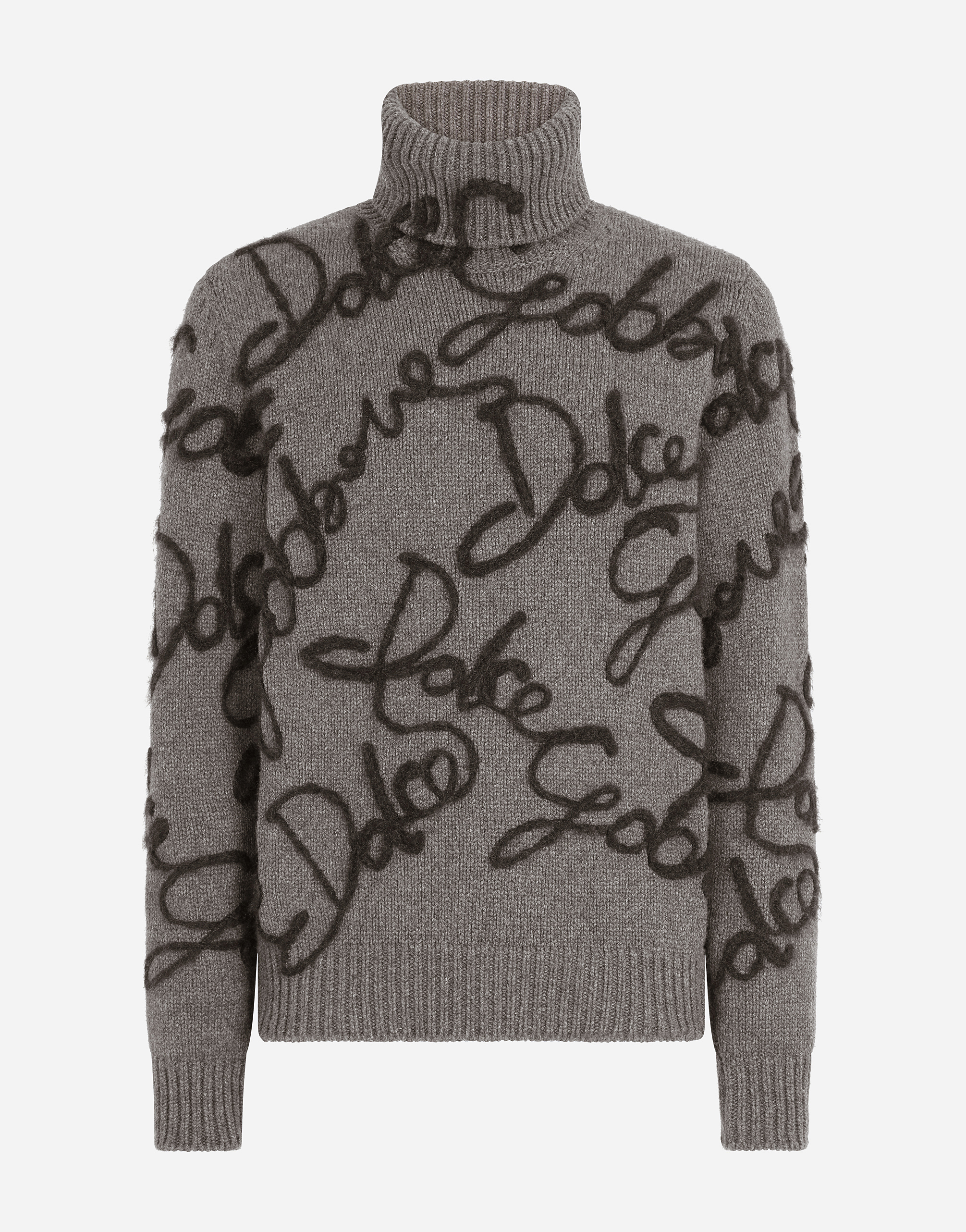 Cashmere turtle-neck sweater with Dolce&Gabbana embroidery in Grey