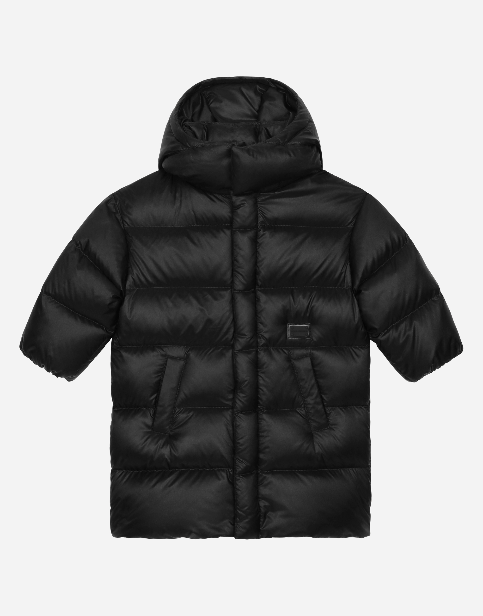 Long nylon down jacket with logo tag in Black