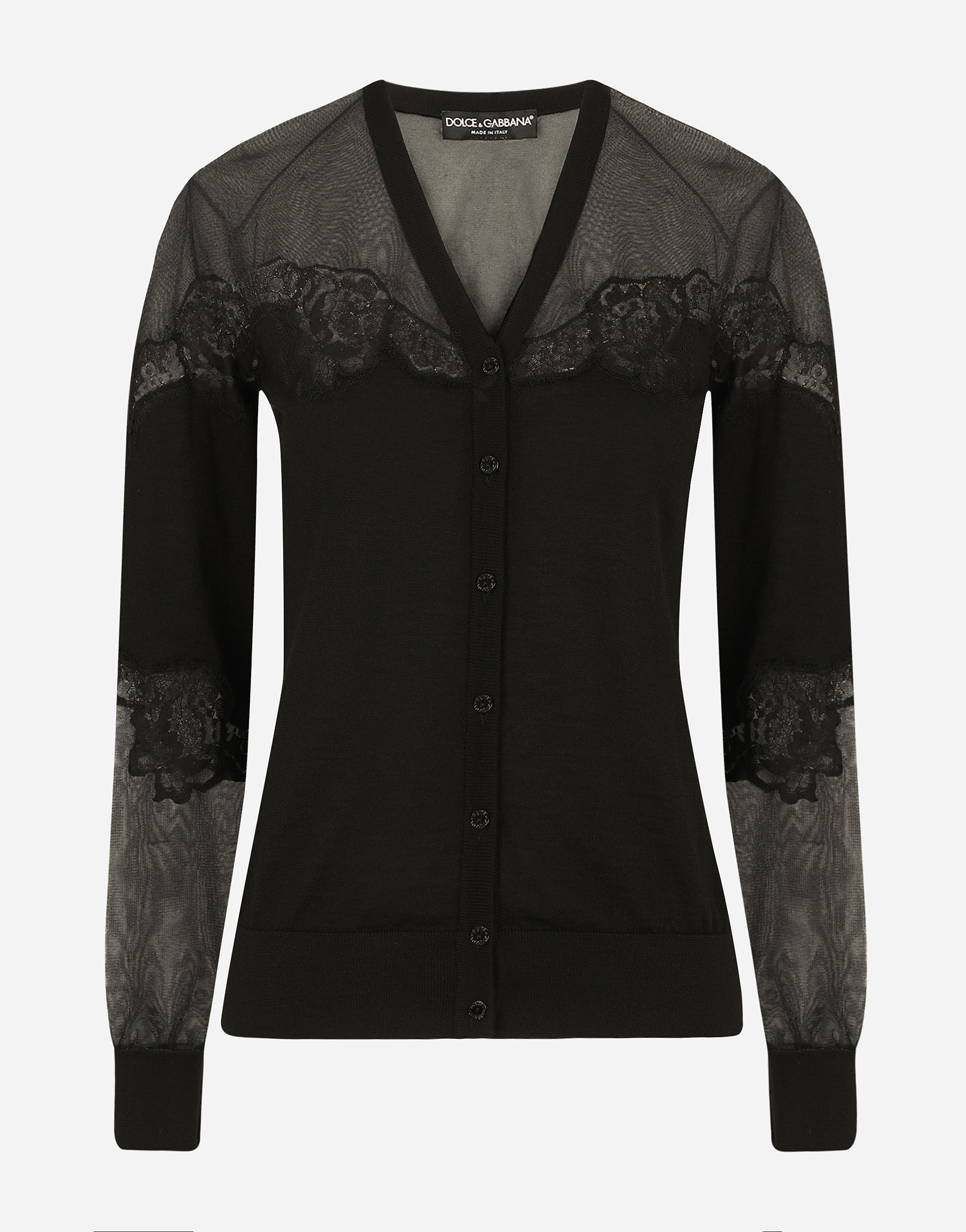 Cashmere, tulle and silk cardigan with lace in Black