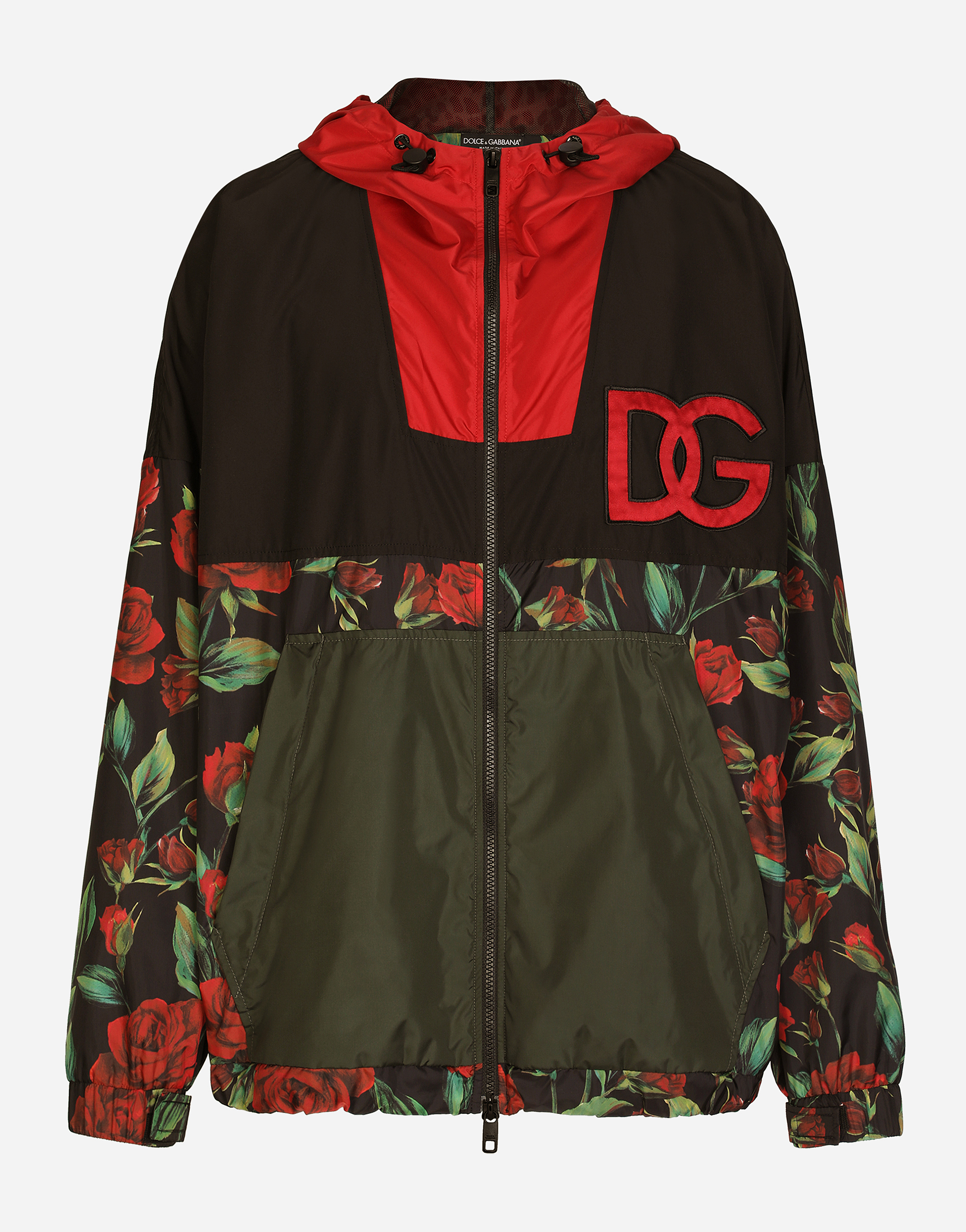 Printed nylon jacket with hood and patch in Multicolor