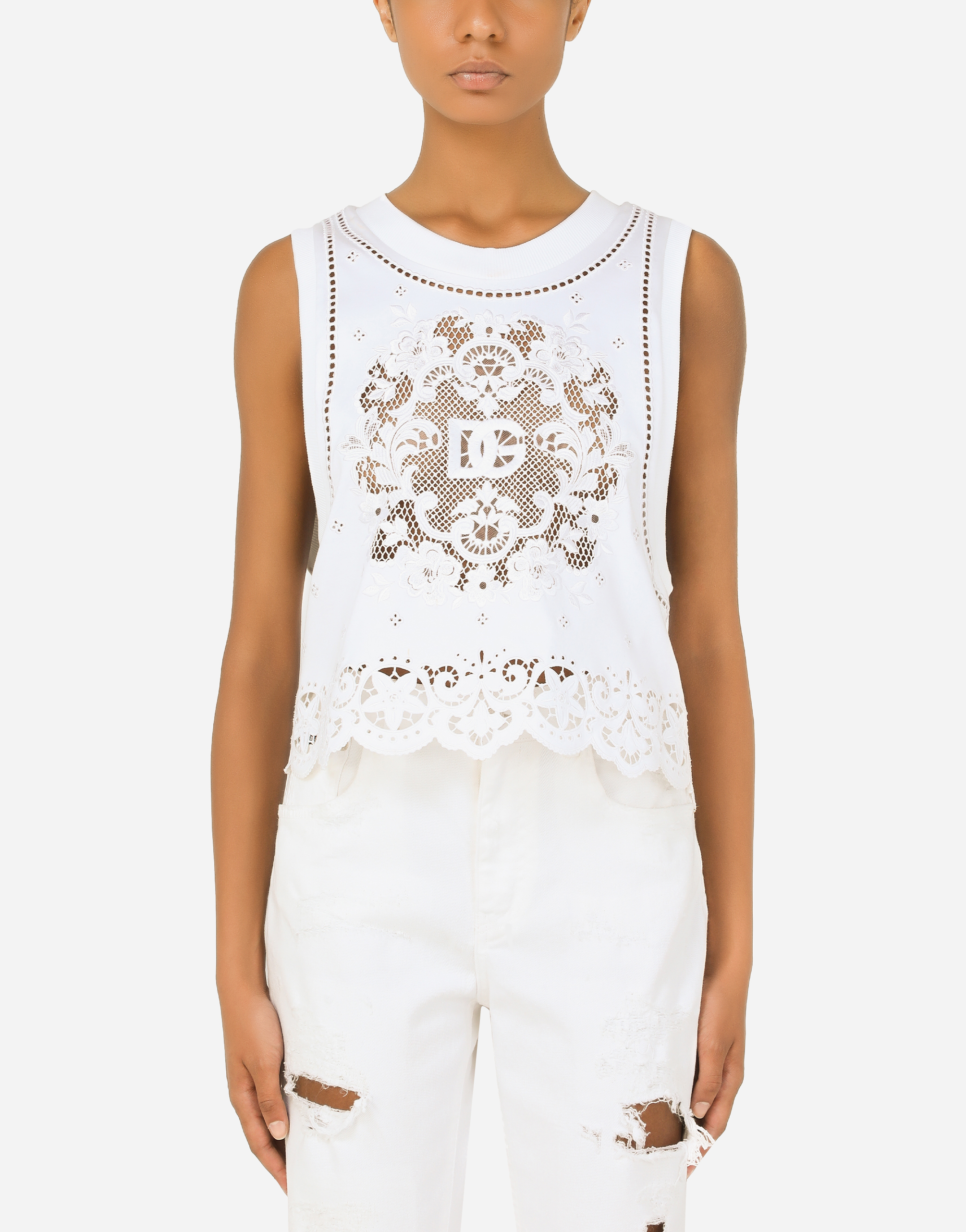 Interlock tank top with DG embroidery in White