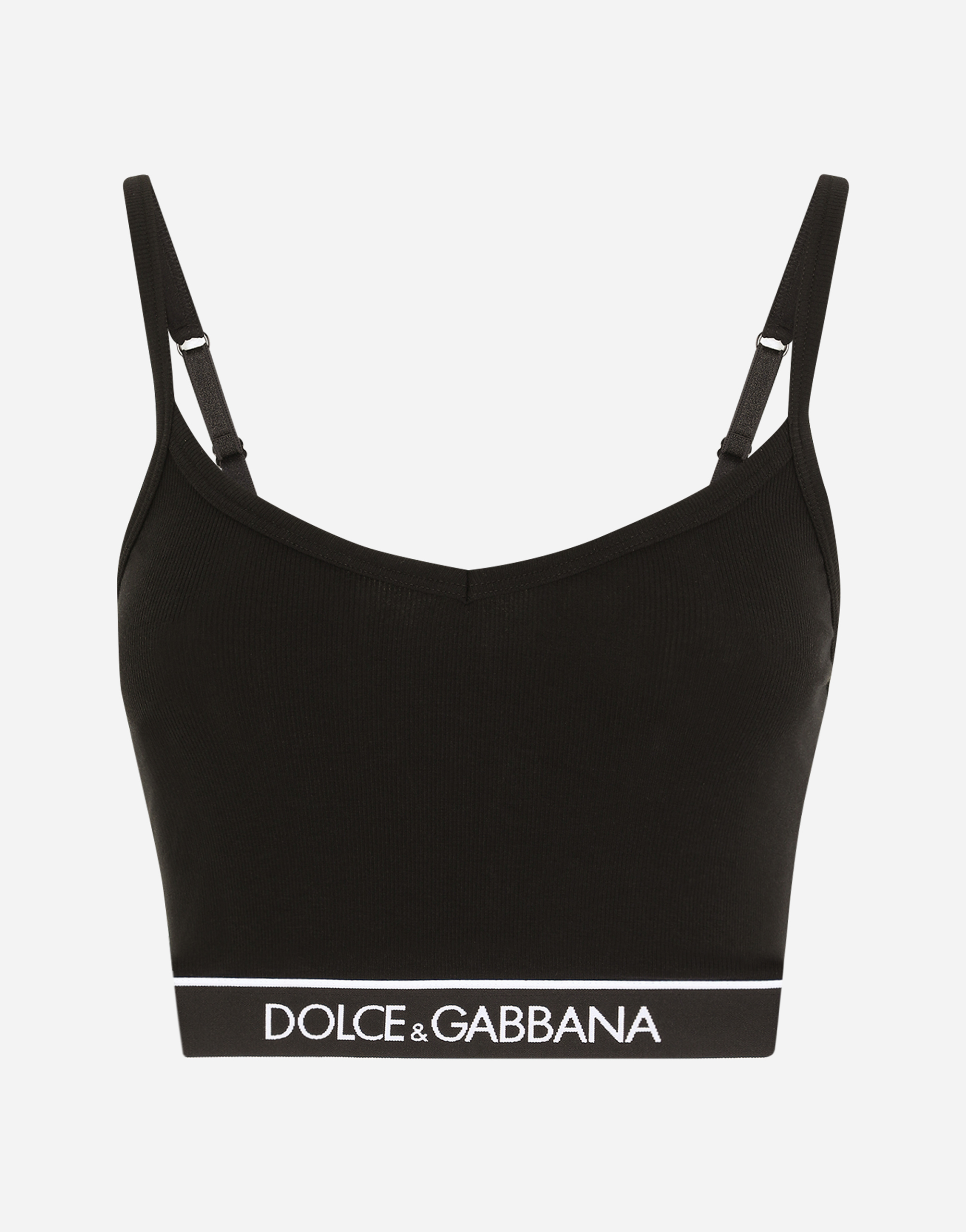 Fine-rib jersey top with spaghetti straps and branded elastic in Black