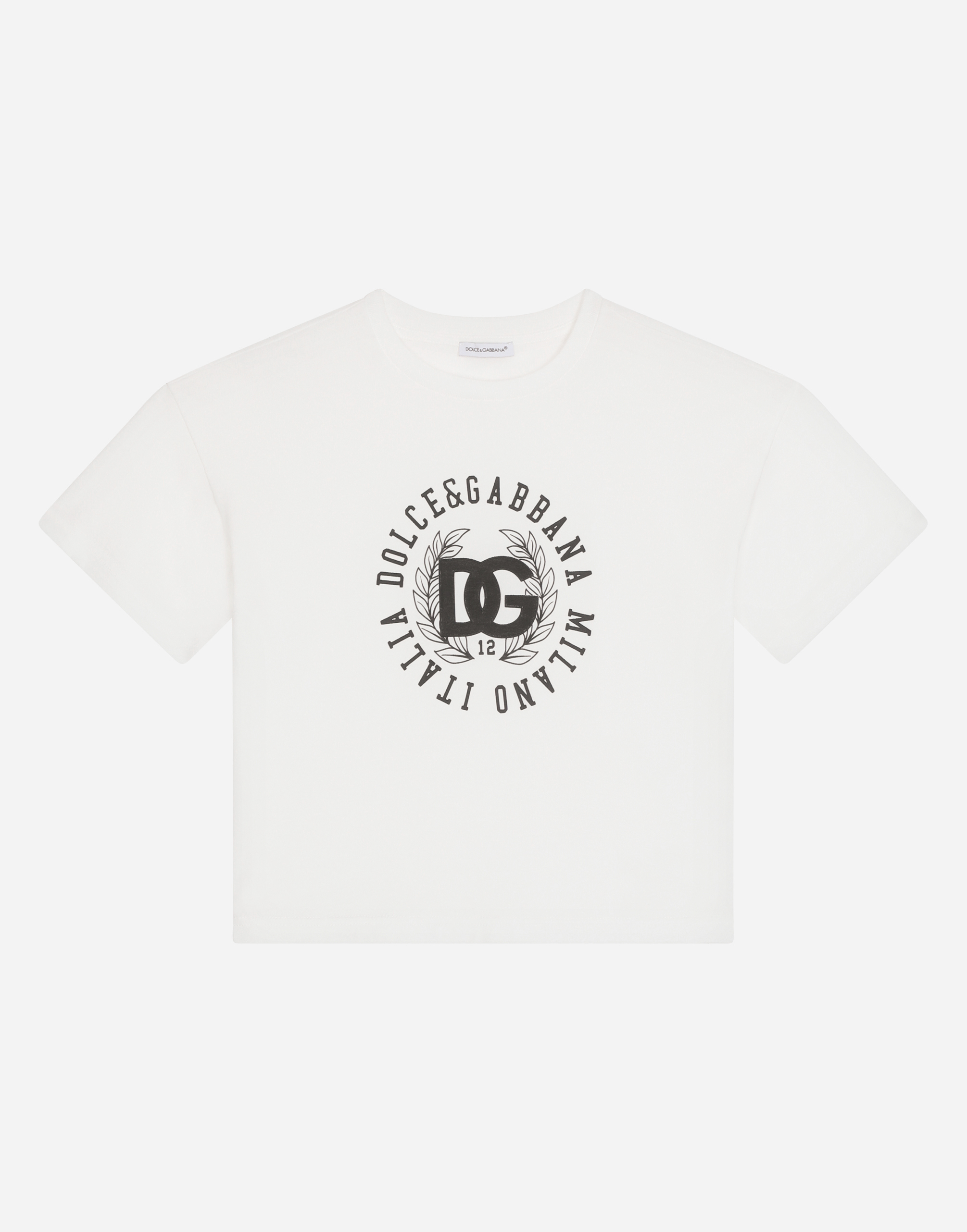 Jersey round-neck T-shirt with DG laurel print in White