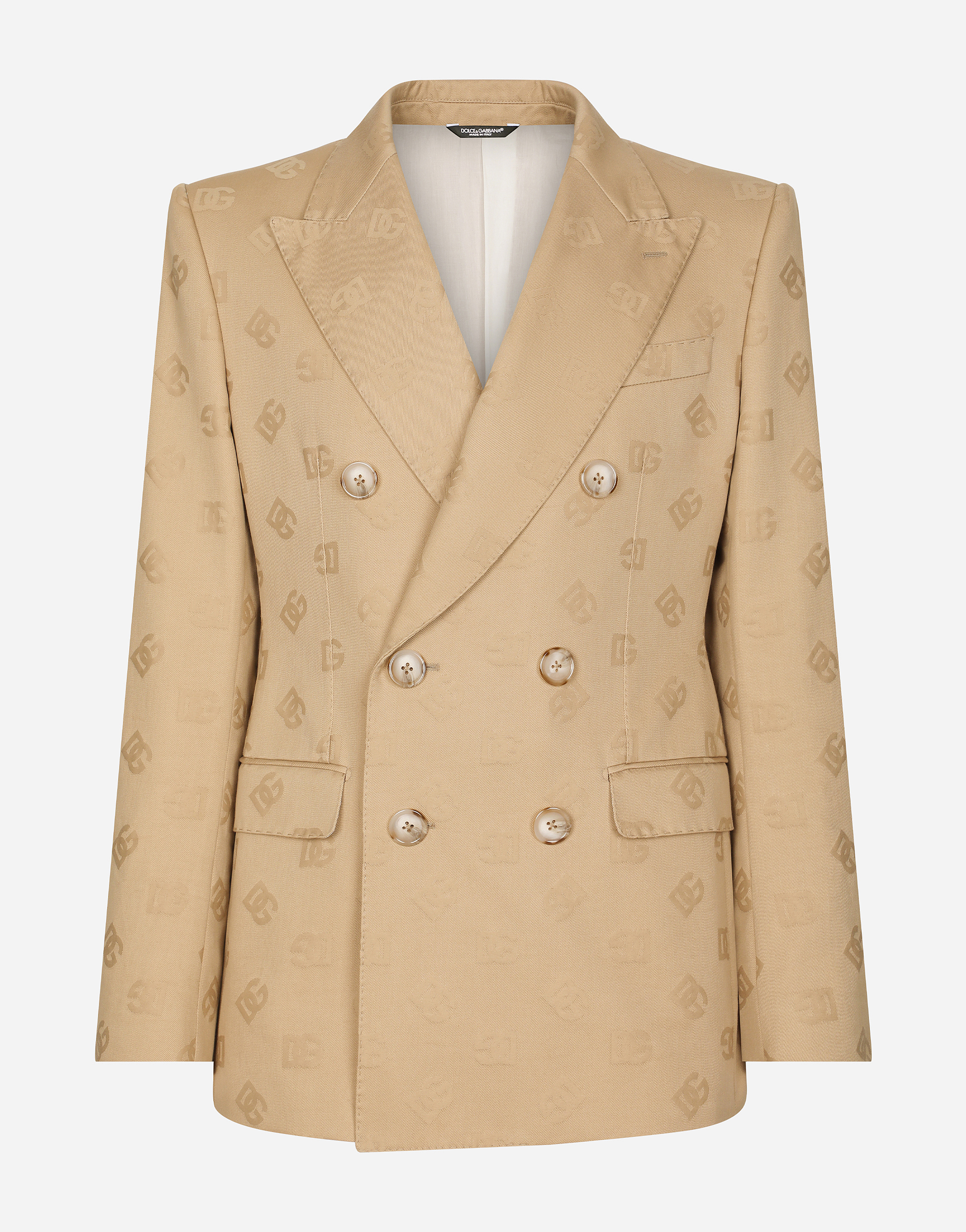 Tailored double-breasted cotton jacket with jacquard DG details in Beige