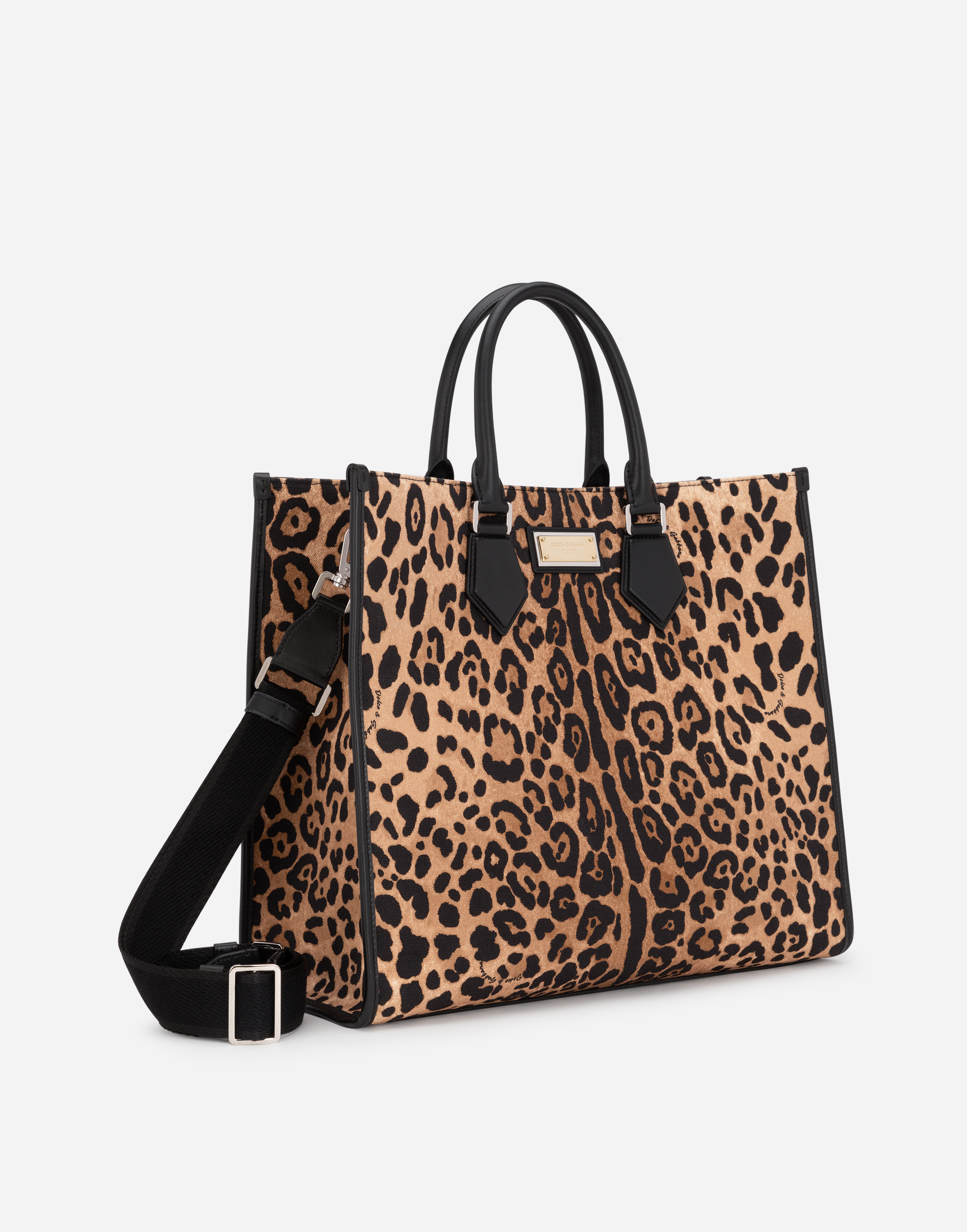 Cabas en toile imprimée léopard avec détails en cuir de veau nappa male OneSize Dolce & Gabbana Homme Accessoires Sacs & Valises En Toile Cabas 