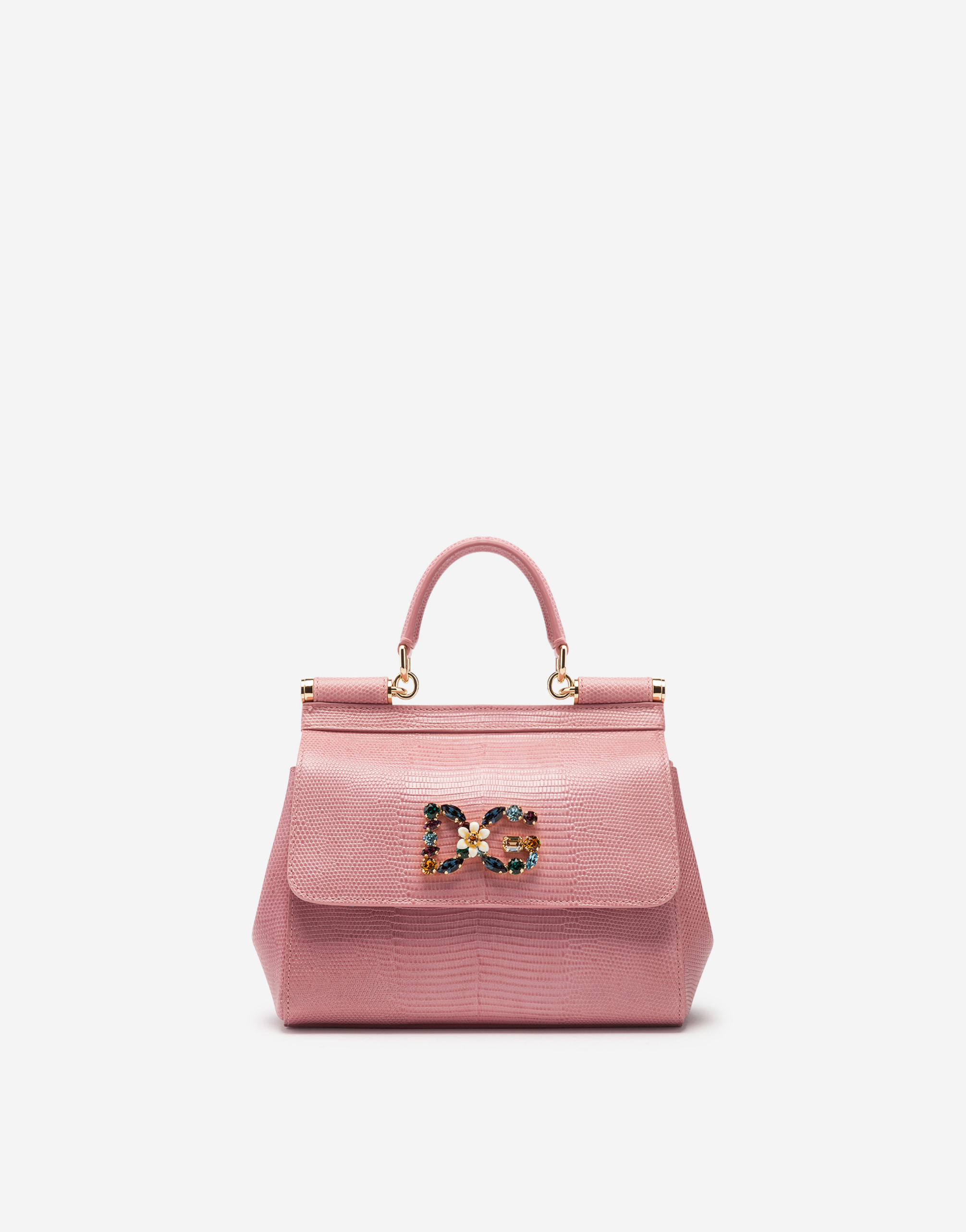 Small Sicily handbag in iguana print calfskin with DG logo crystals in Pink
