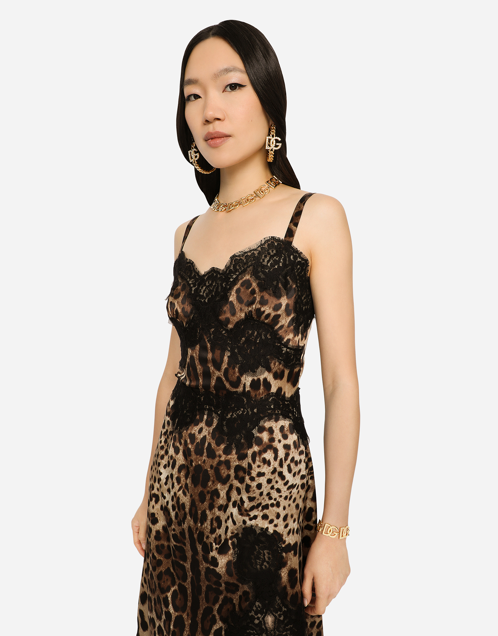 Abiti Abito lingerie midi in raso stampa leopardo con bordi in pizzo female 36 Dolce & Gabbana Donna Abbigliamento Vestiti Vestiti midi 