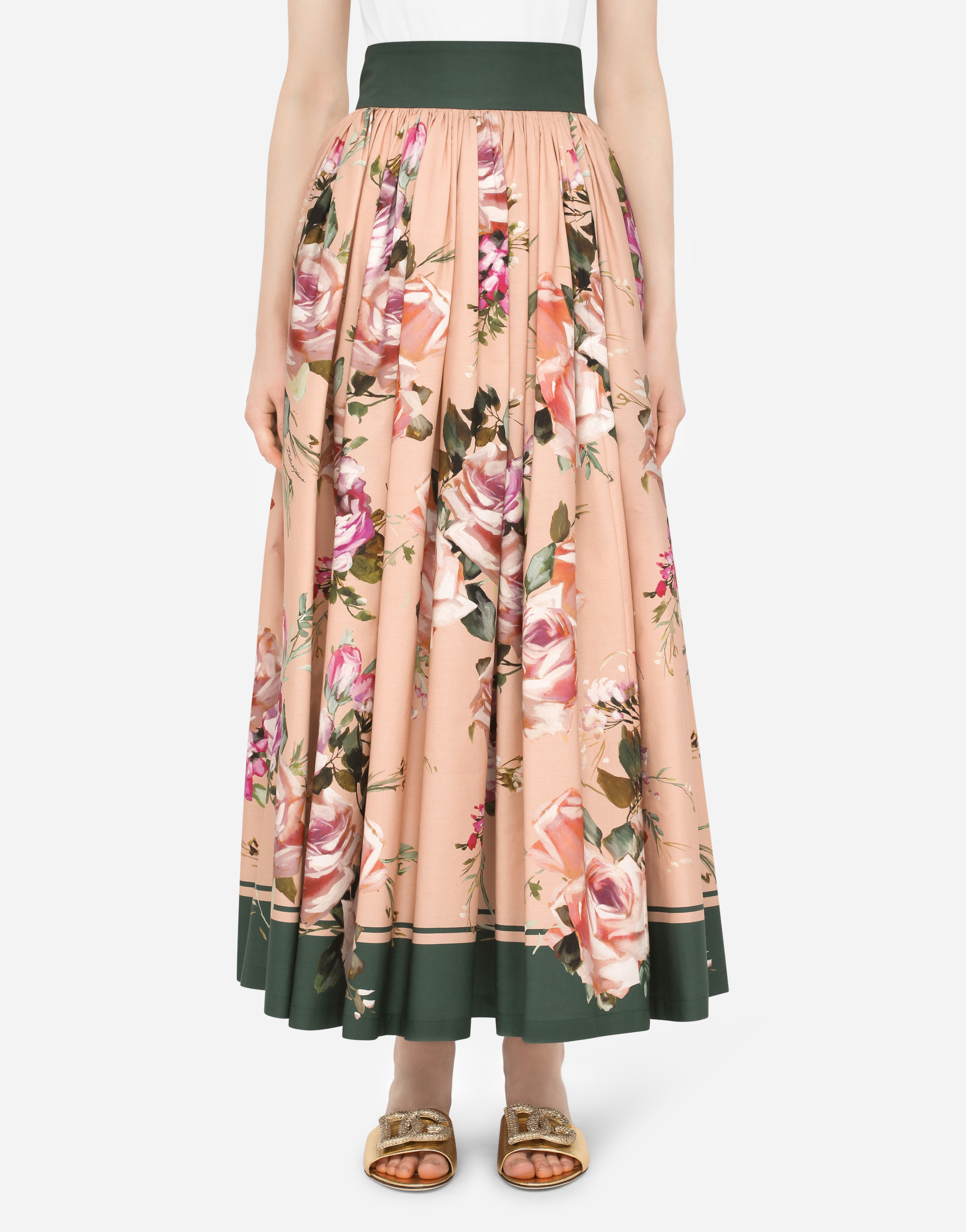 Long poplin skirt with rose print in Multicolor