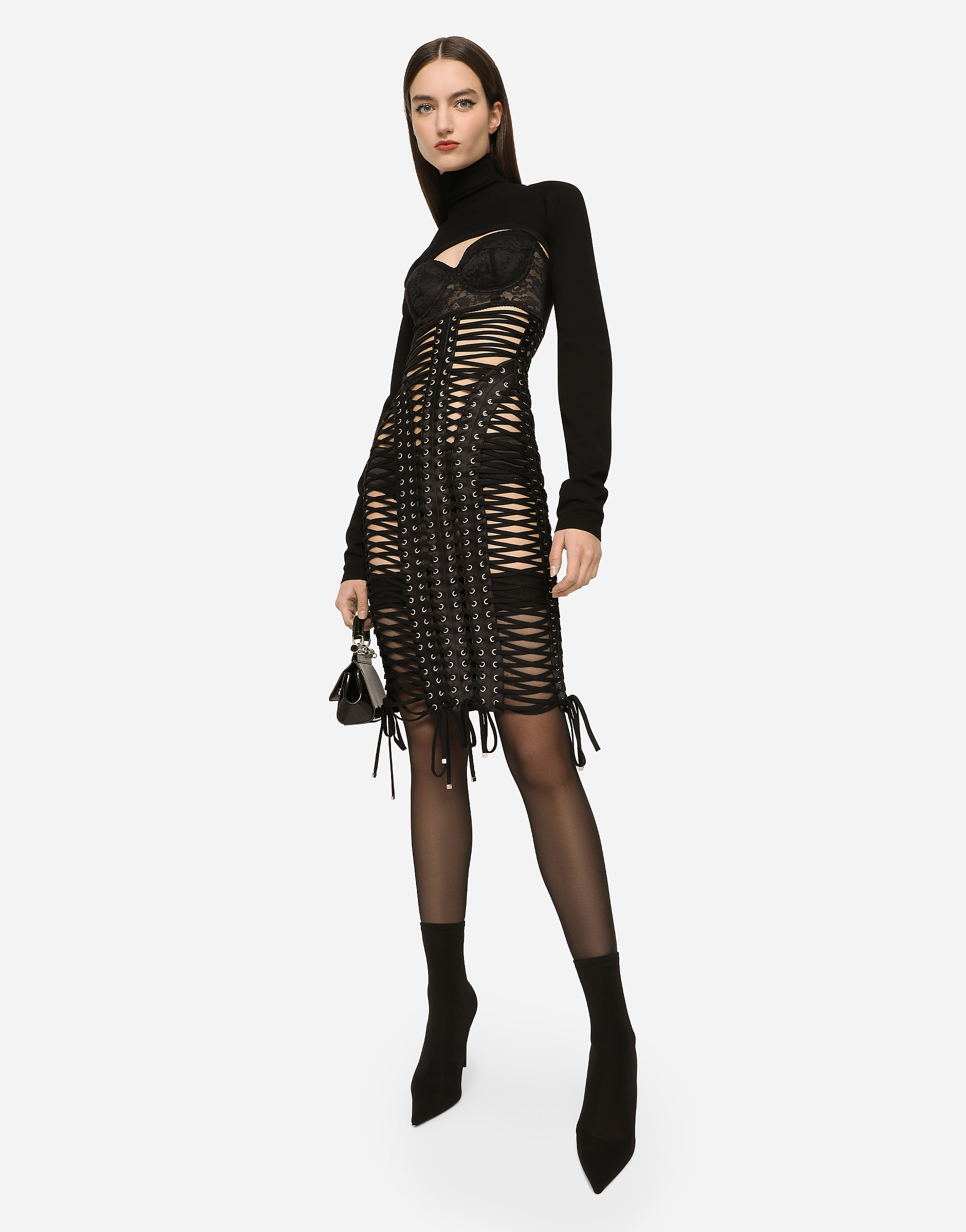 Shop Dolce & Gabbana Midi Dress With Eyelets And Lacing In Black