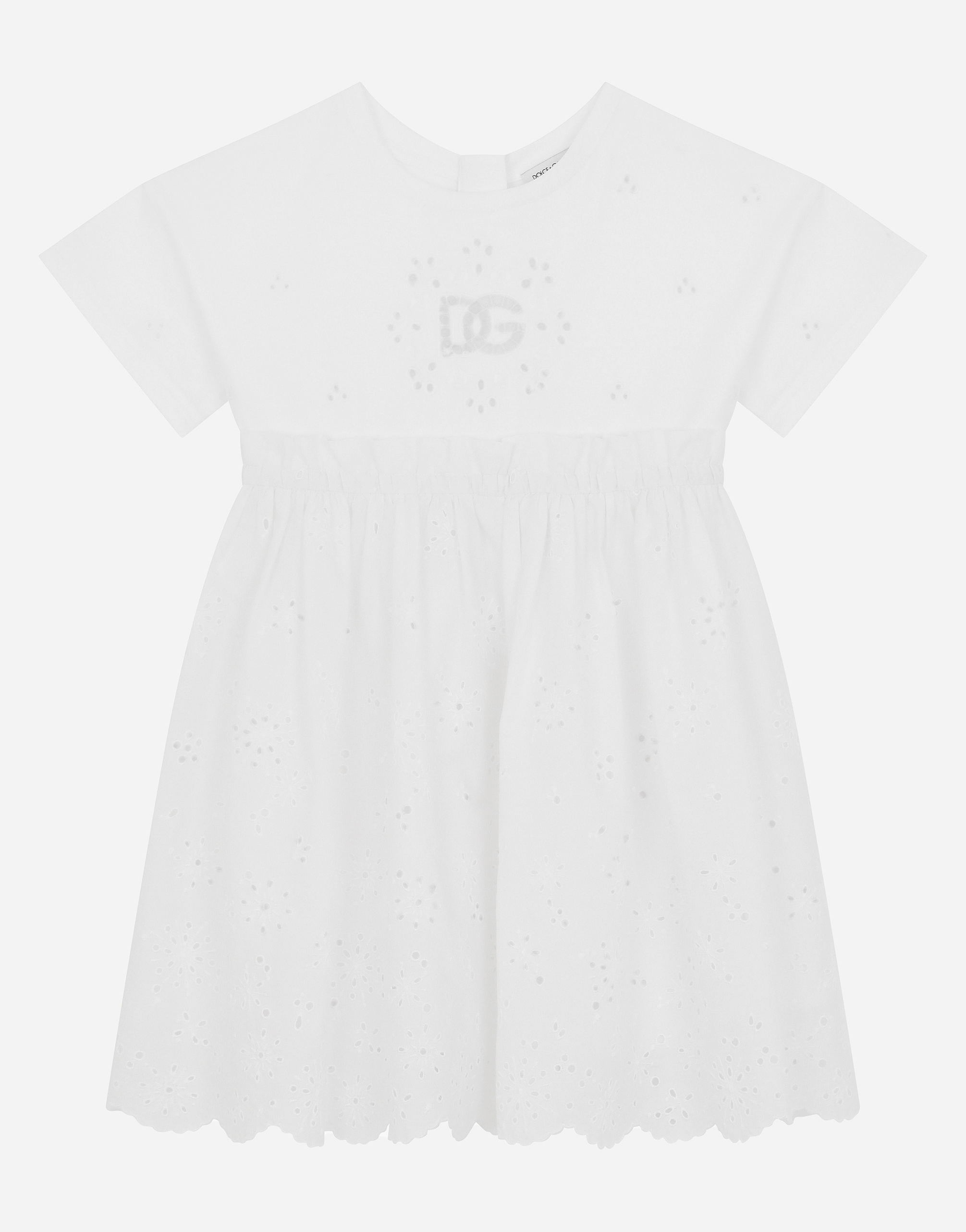 Poplin midi dress with openwork embroidery in White